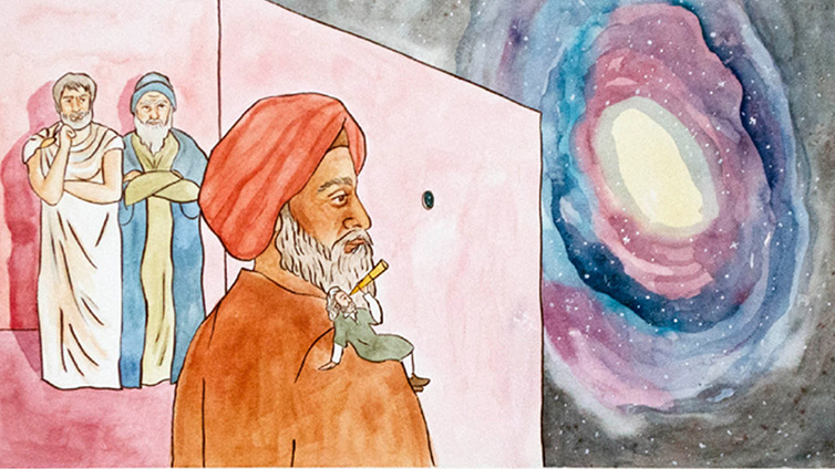 A bearded man in a turban stands looking through a small hole in a wall. Beyond is a colorful view of the Universe.