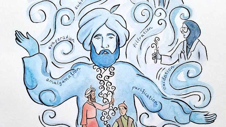 A bearded man wearing a turban is surrounded by several scientists doing different experiments.