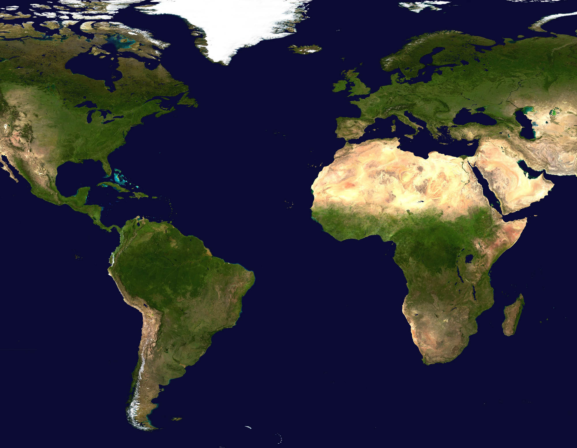 Global map of the entire Earth made from 10,000 NASA satellite color pictures.