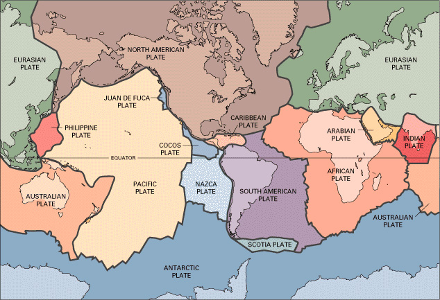 Map showing tectonic plates that divide the Earth's crust into distinct "plates" that are slowly moving. Earthquakes are concentrated along these plate boundaries.