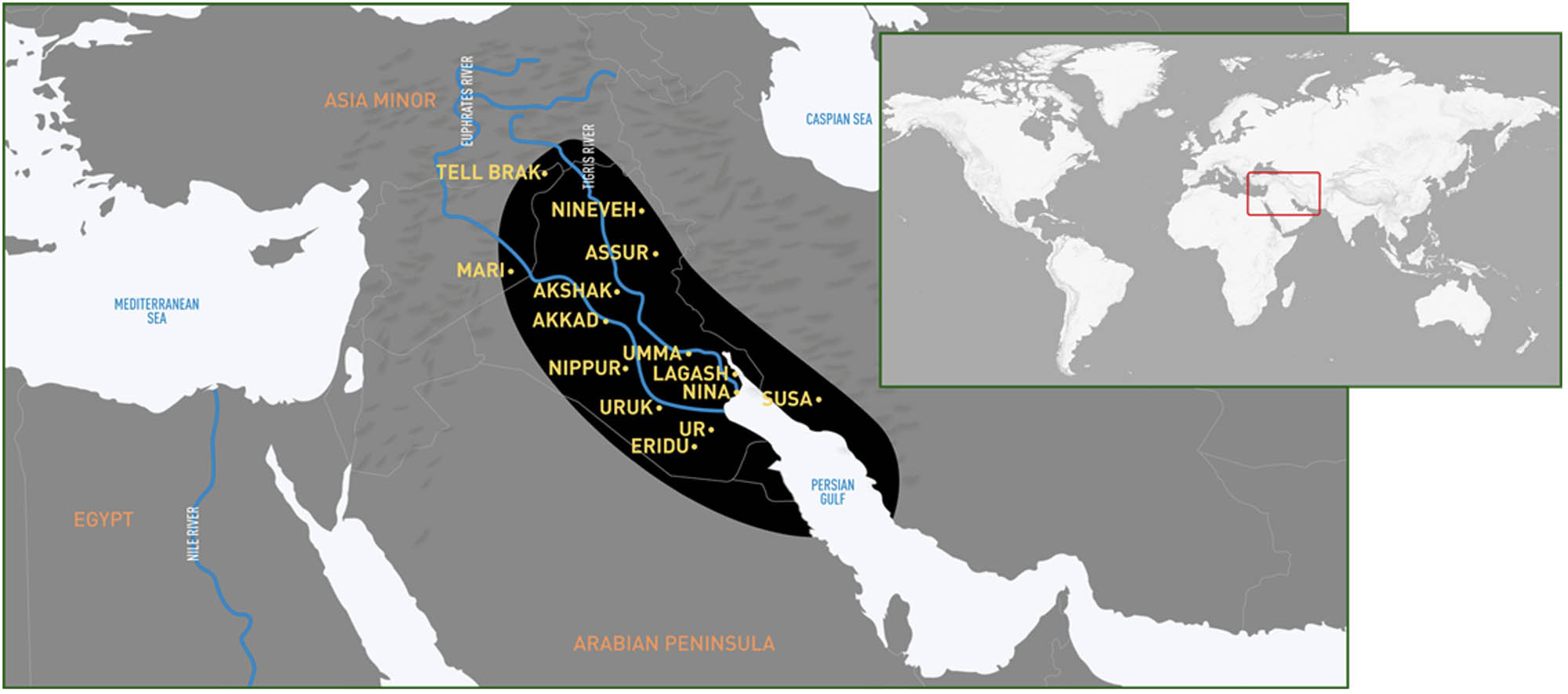 A map of the Mesopotamia and an insert of the whole world for context.