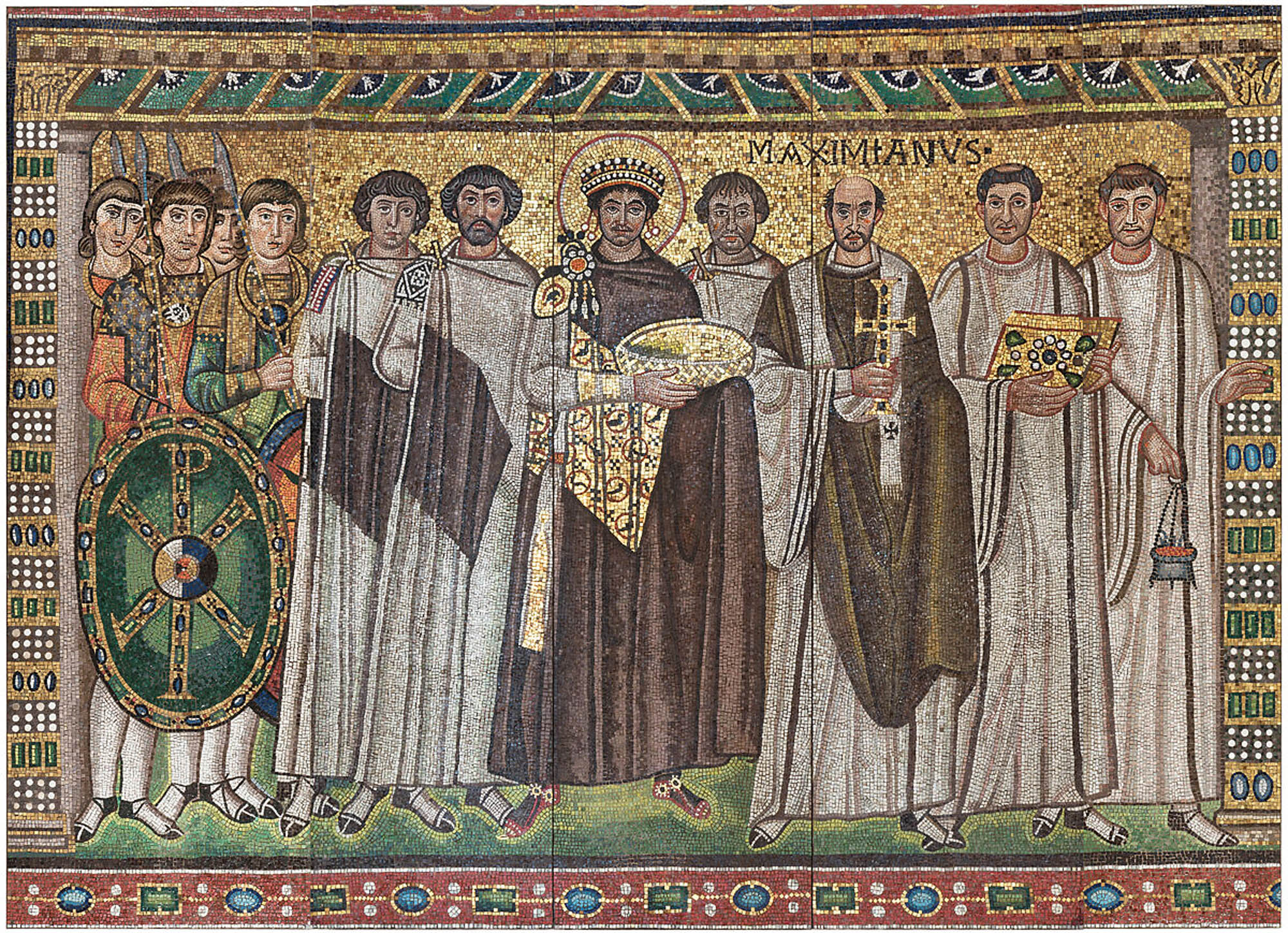 A mosaic of a group of elaborately dressed people with the Byzantine Emperor in the center. 