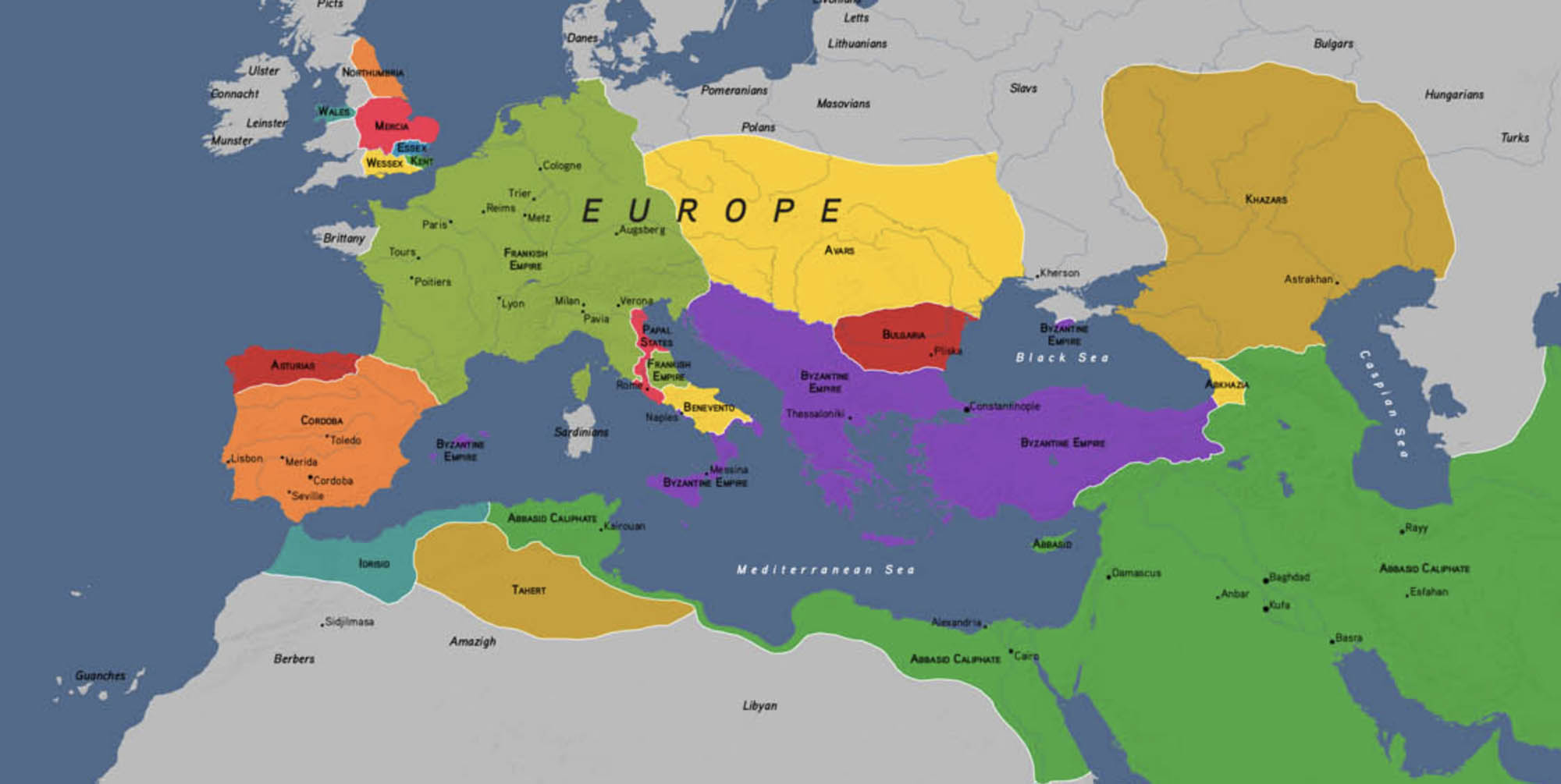 The Byzantine Empire/Eastern Roman Empire (in purple) in the year 800 CE.