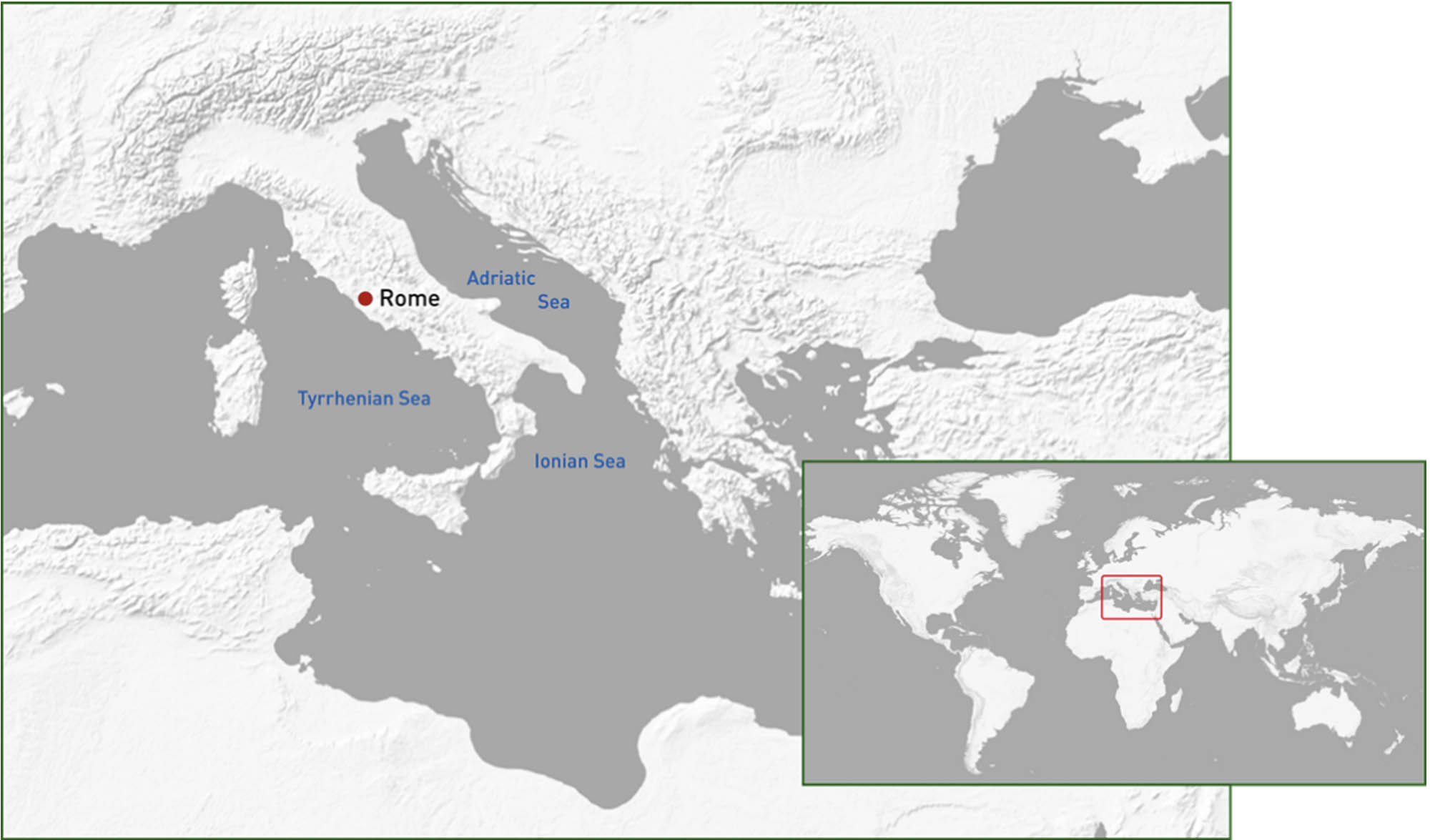 A map of the Mediterranean with Rome highlighted and an insert of the whole world for context.