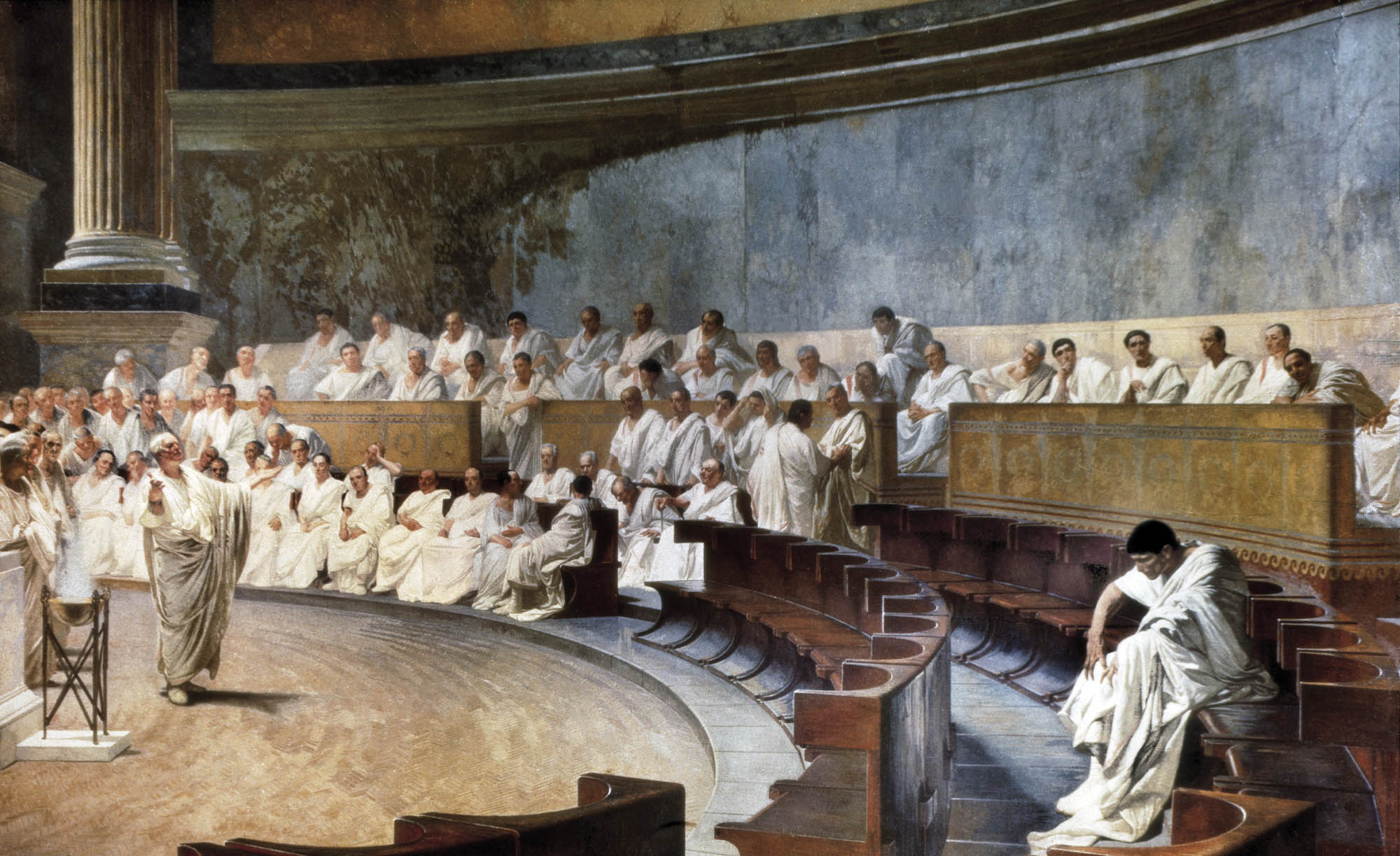 A group of Roman senators in an auditorium.