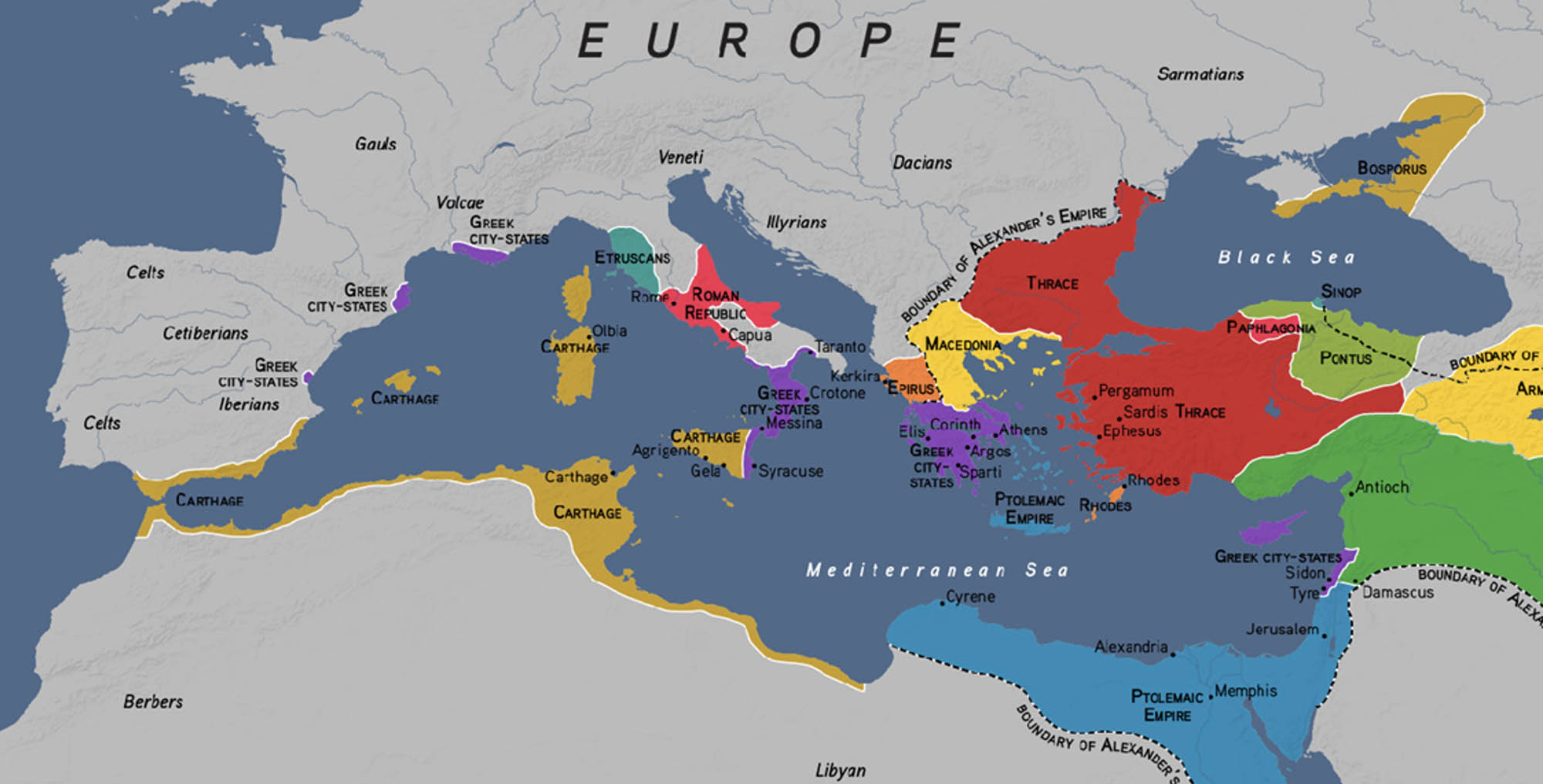 A map of the Mediterranean in 300 BCE, when Rome was a small republic on the Italian Peninsula.