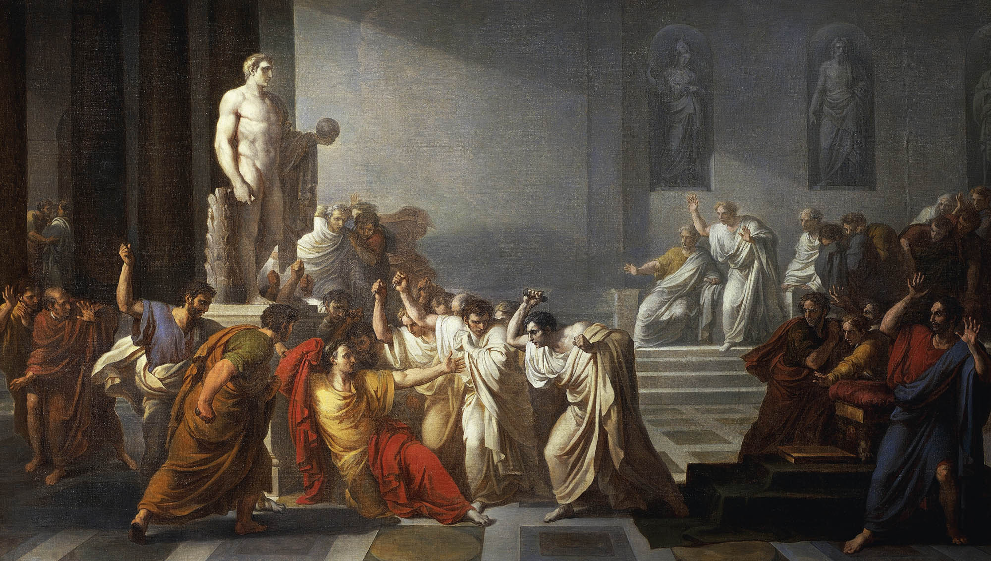 A painting of a group of people stabbing Julius Caesar to death.