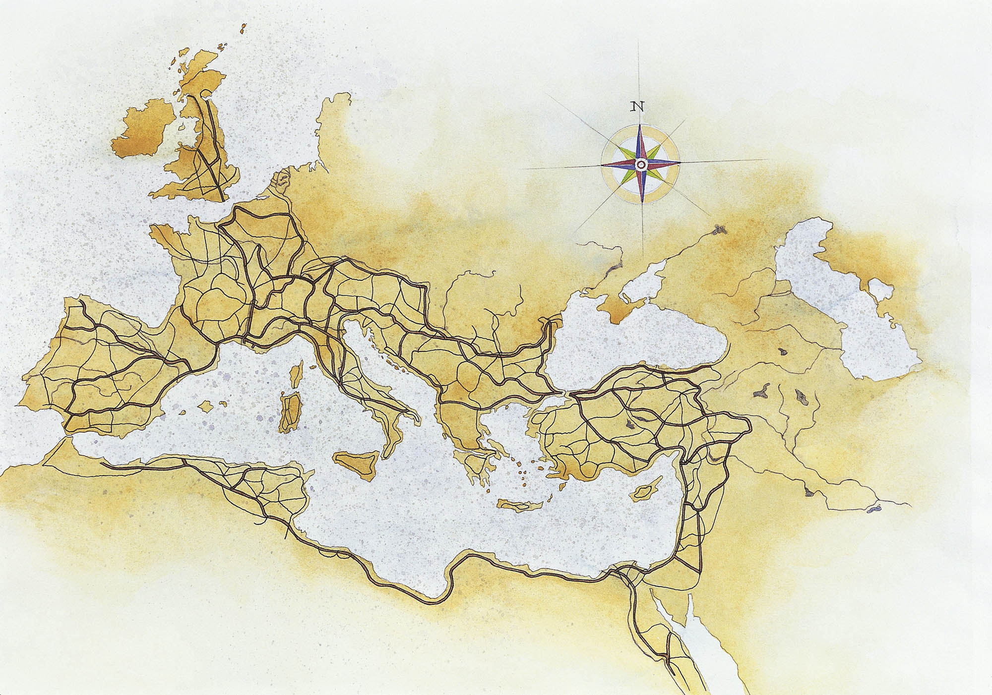 A map of Europe with a compass showing ancient Roman roads.