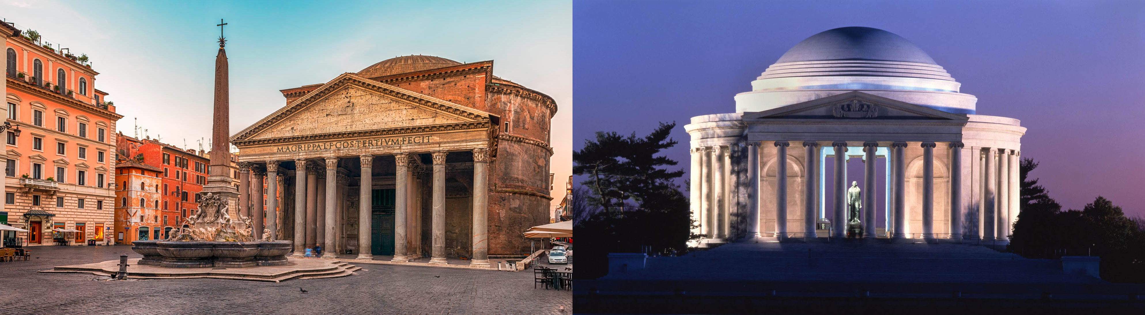 Left: Pantheon, Rome with columns and a fountain in front of it. Right: Jefferson Memorial with a dome and a statue. 