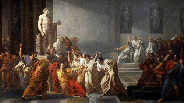 A painting of a group of people stabbing Julius Caesar to death.