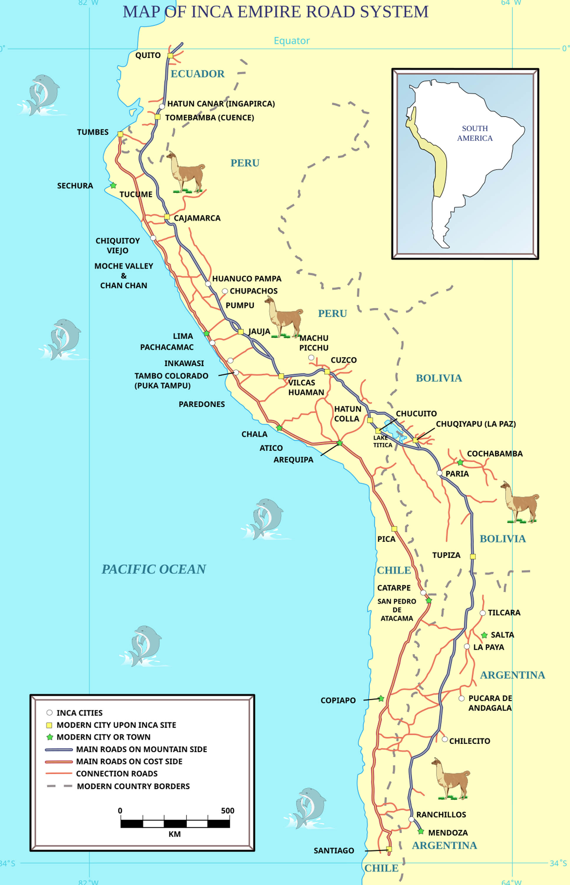 Map shows the vast extent of the Inca Empire road system on the west coast of South America, stretching from Ecuador in the north, to Chile in the south.