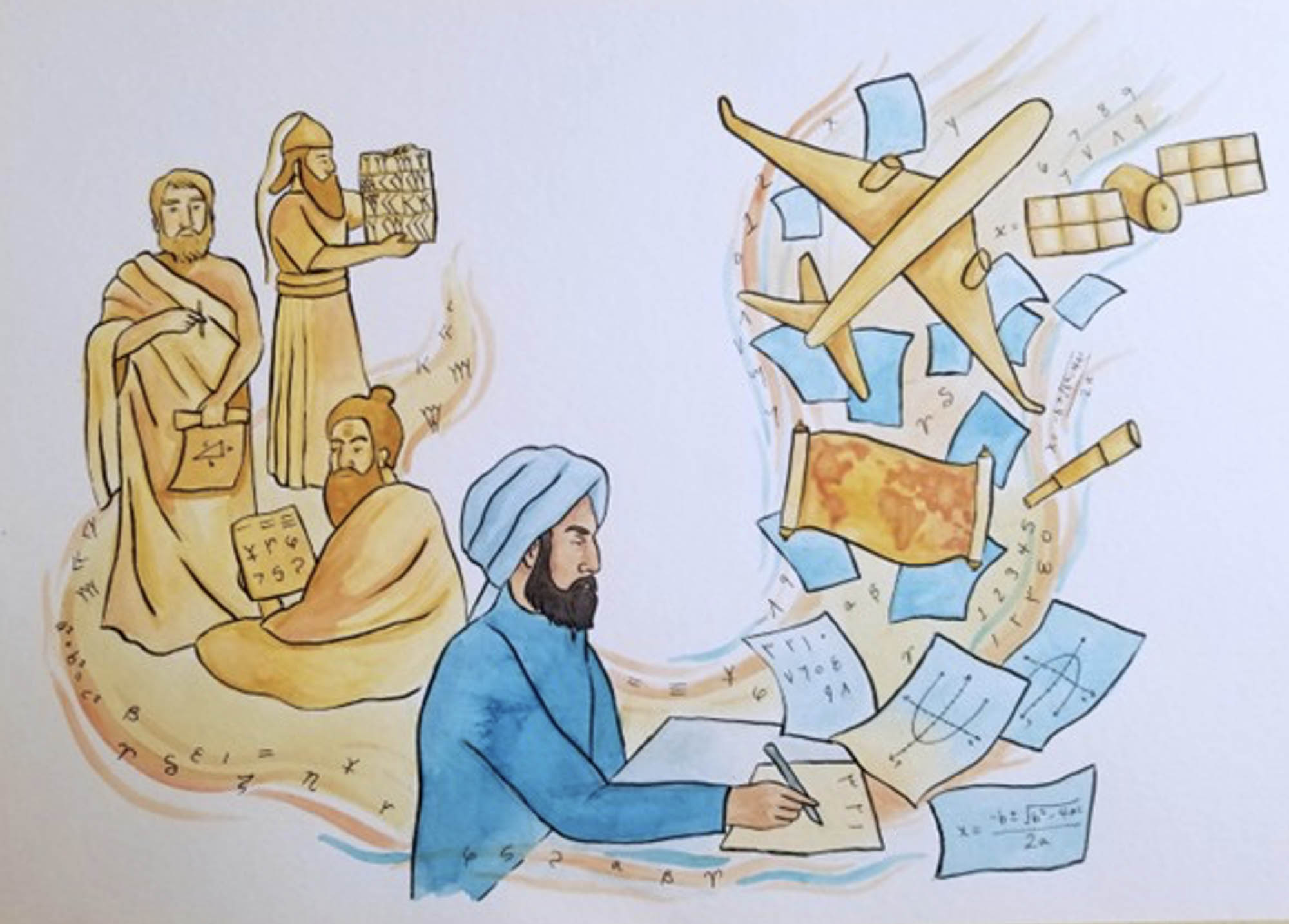 A drawing of Muhammad Ibn Musa al-Khwarizmi writing on paper connecting ancient knowledge to present-day technology.