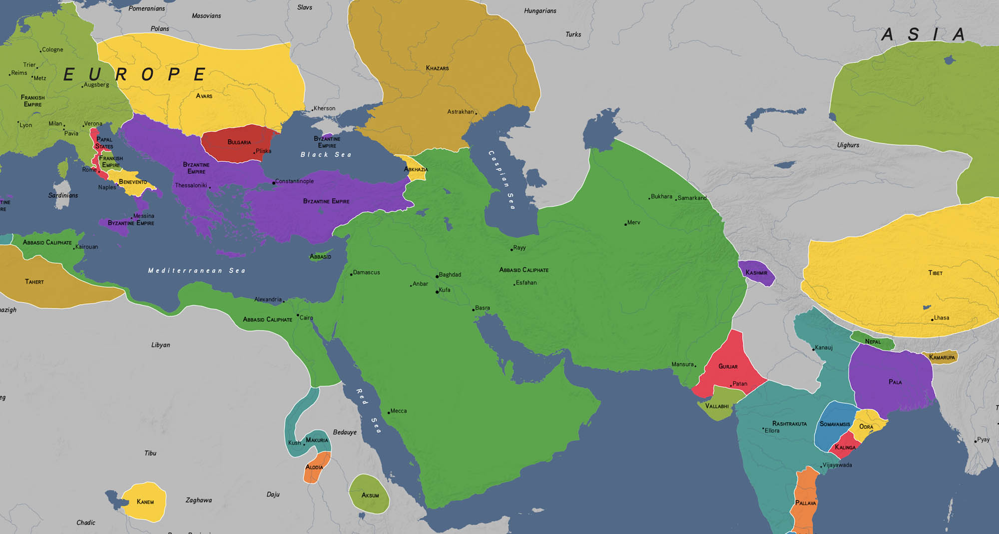 A map of Europe, Middle East, northeast Africa, and Asia with the Abbasid Empire highlighted.