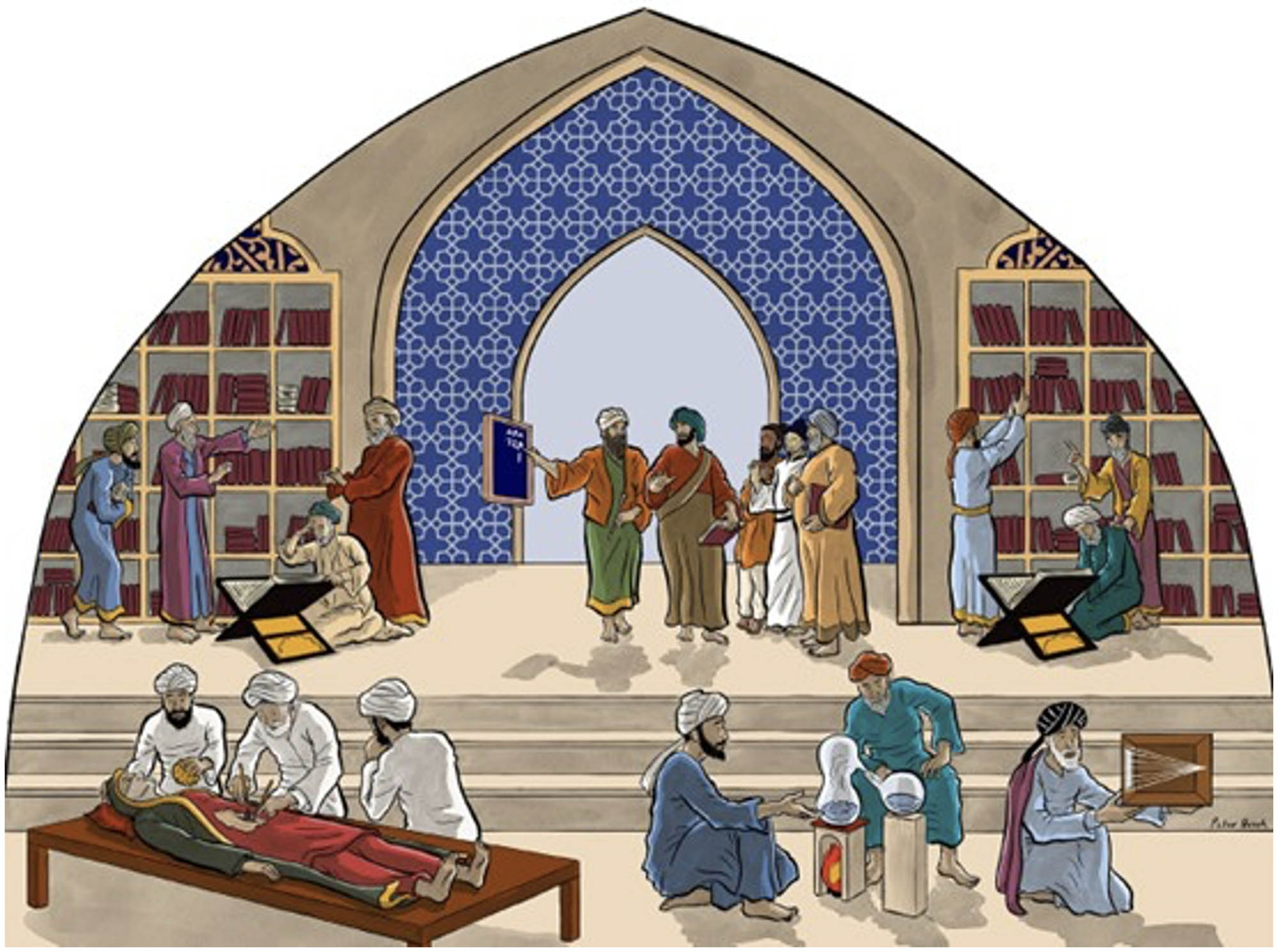 A group of scholars in the House of Wisdom, engaged in conversation and scientific demonstrations.