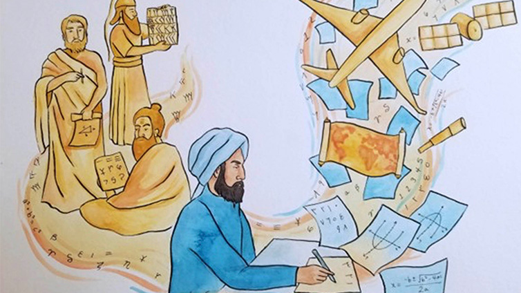 A drawing of Muhammad Ibn Musa al-Khwarizmi writing on paper connecting ancient knowledge to present-day technology