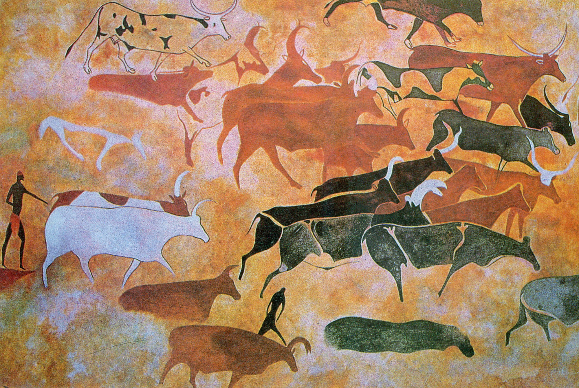 Cave painting of humans with a herd of domesticated cattle.