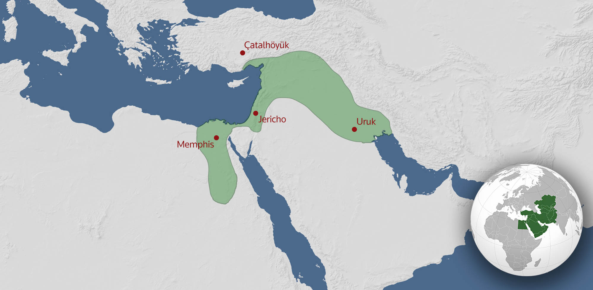 Detail from a map of the Middle East with a highlighted are that stretches from present day Egypt all the way to Iran. An inset shows the location of Middle East on a globe of the Earth. 