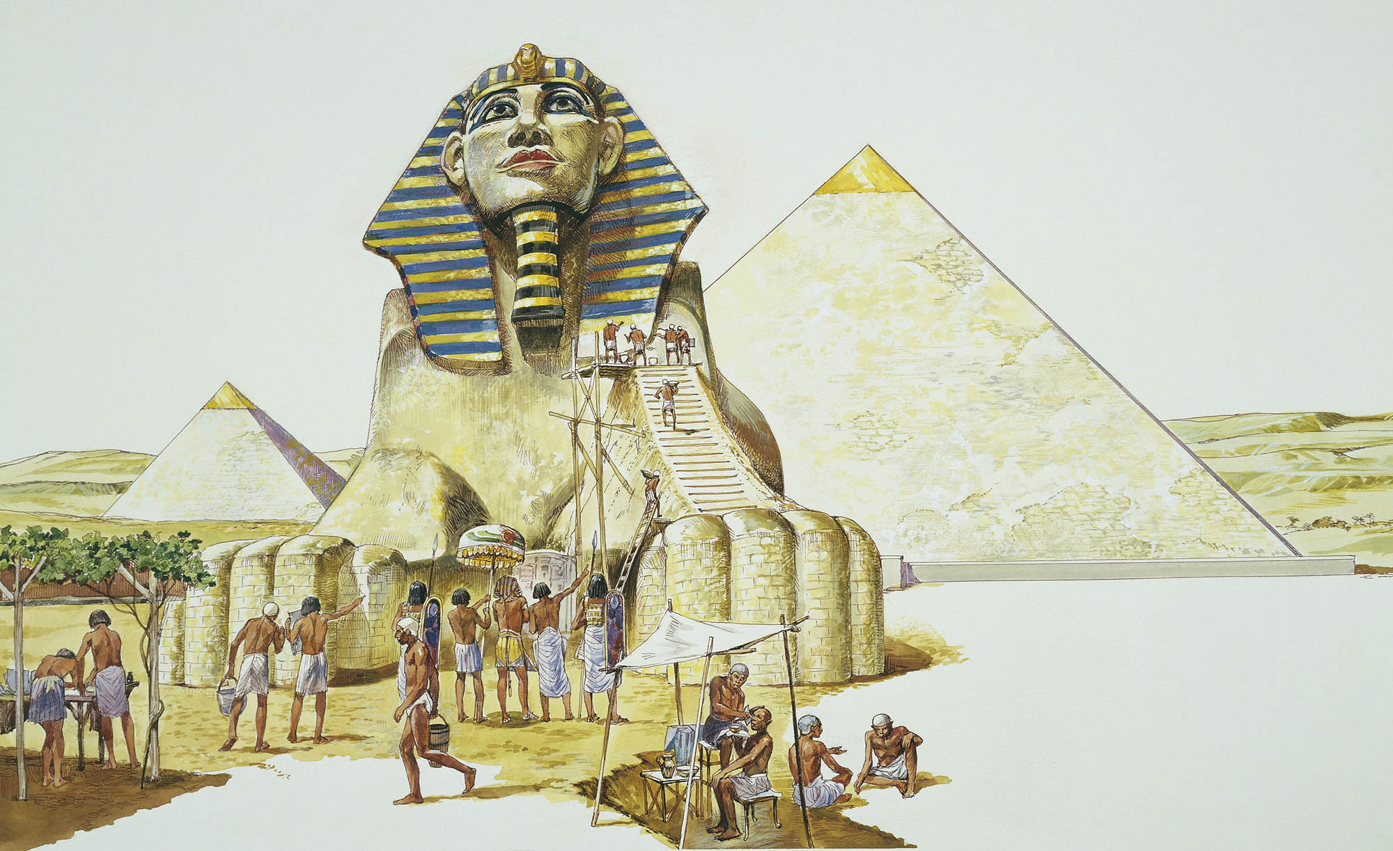 Painting of a monumental sculpture, the Sphinx, under construction with workers in the foreground and pyramids in the background.