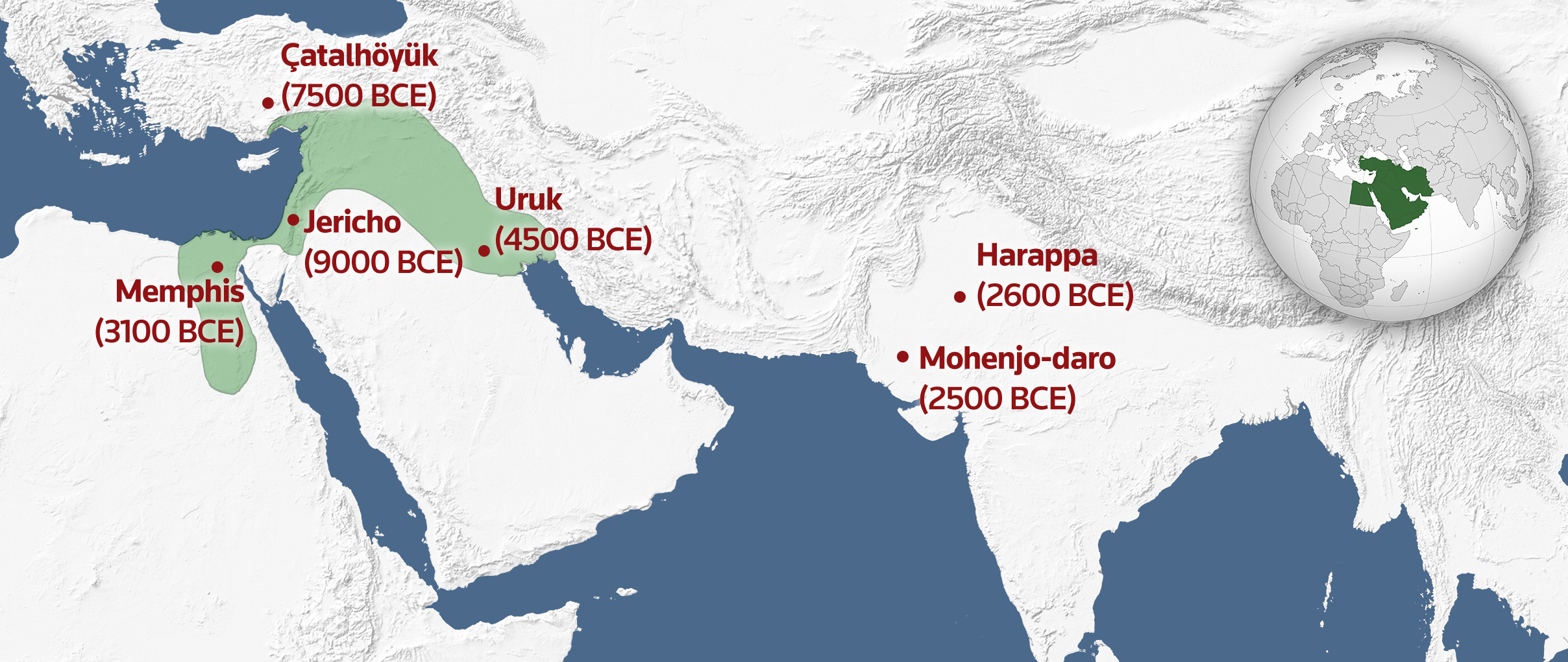 Map of the Middle East with the Fertile Crescent highlighted and early cities marked. Inset globe of the earth with Middle East highlighted for context.