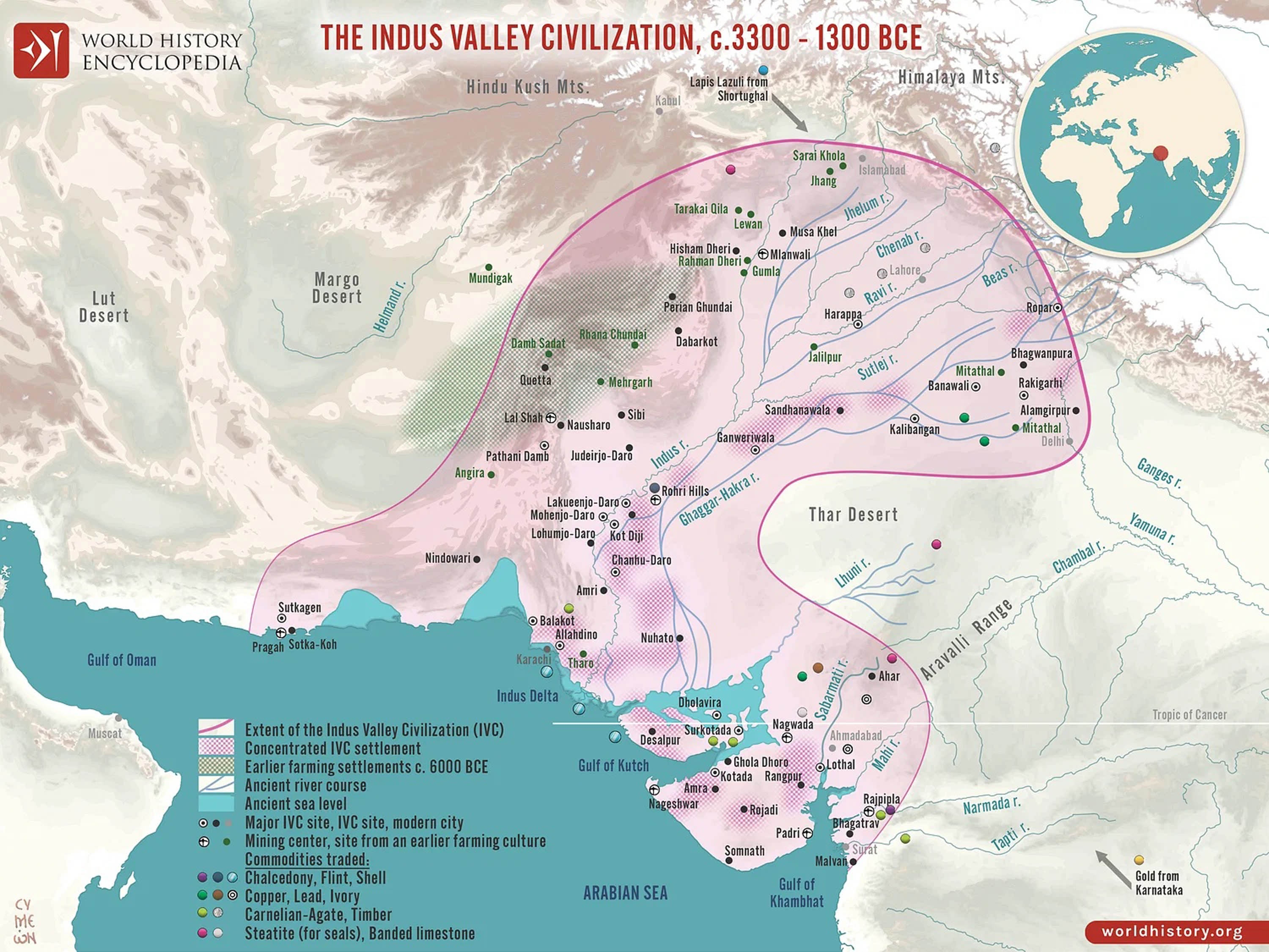 Map of the Indus River Delta with a highlighted area showing the concentrated Indus Valley Civilization settlement.
