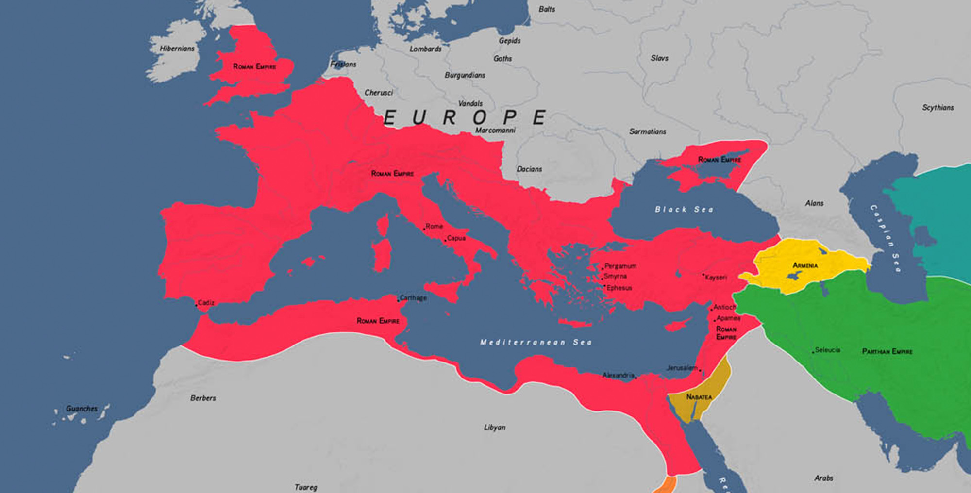 A map showing the vast Roman Empire at its peak around 100 CE. 
