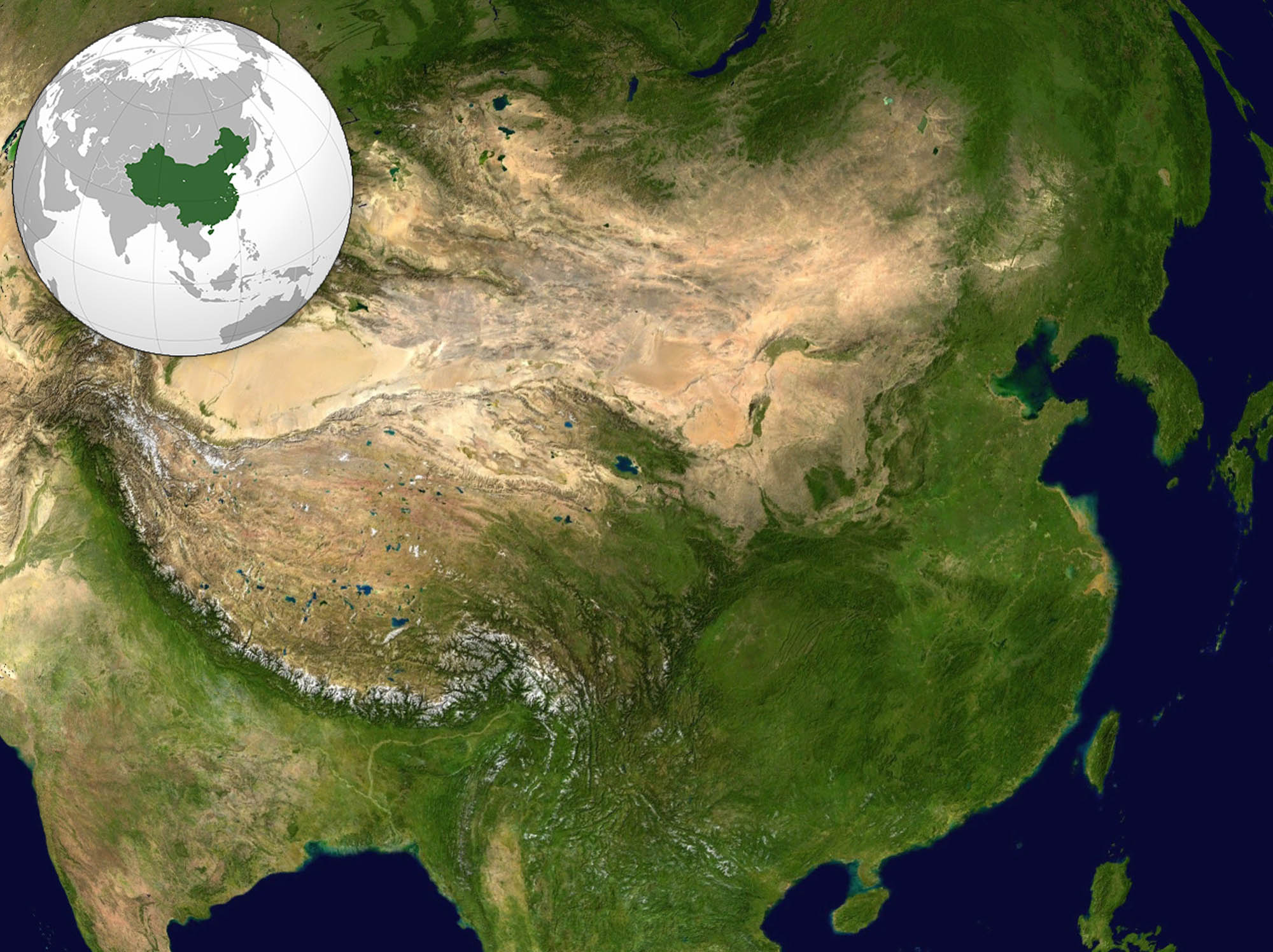 Satellite  image of the terrain, mountains, desert, and green space of China. An inset globe shows the country in context of the world.
