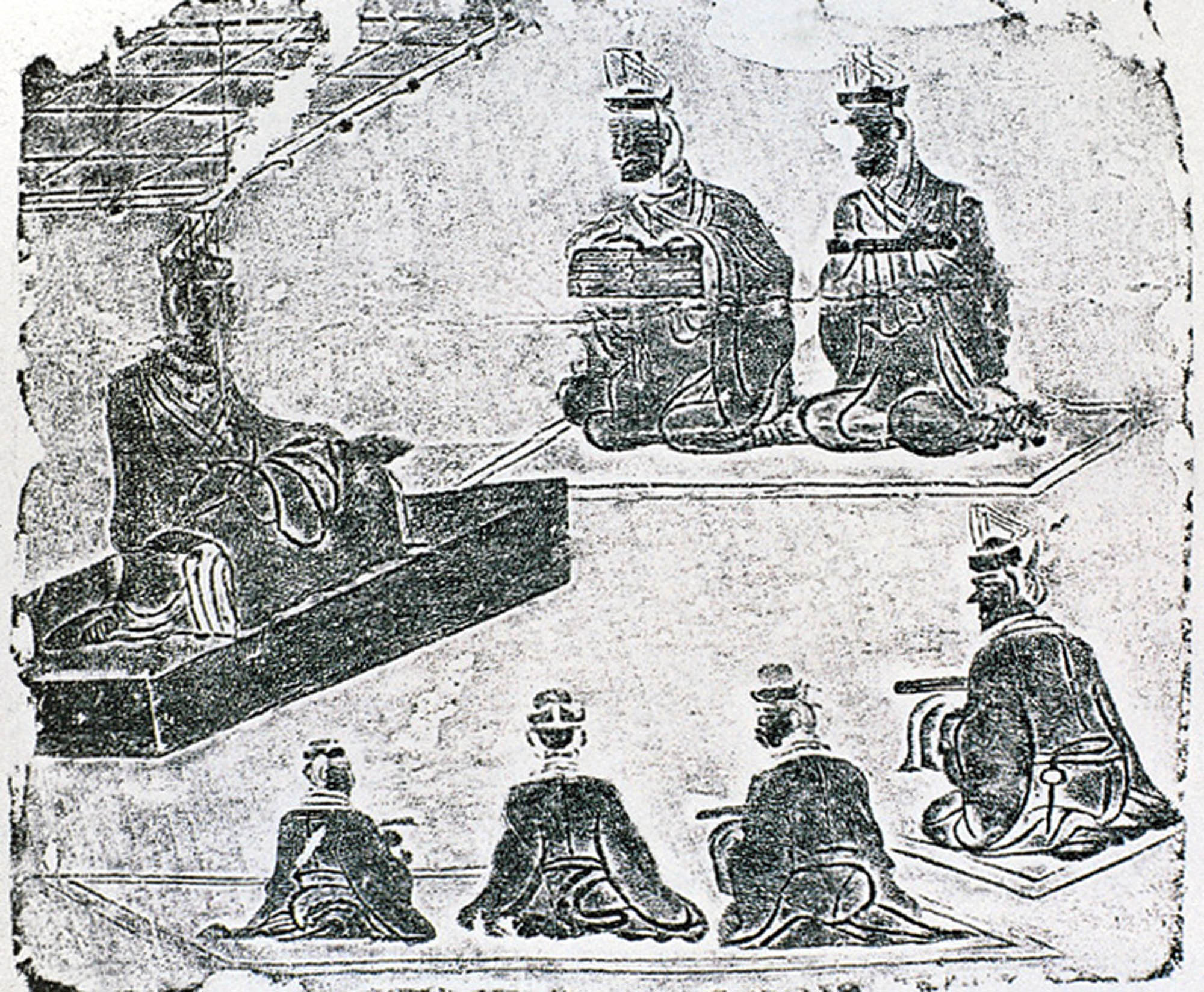 Woodblock print of a Han Dynasty scholar speaking to an assembled group.