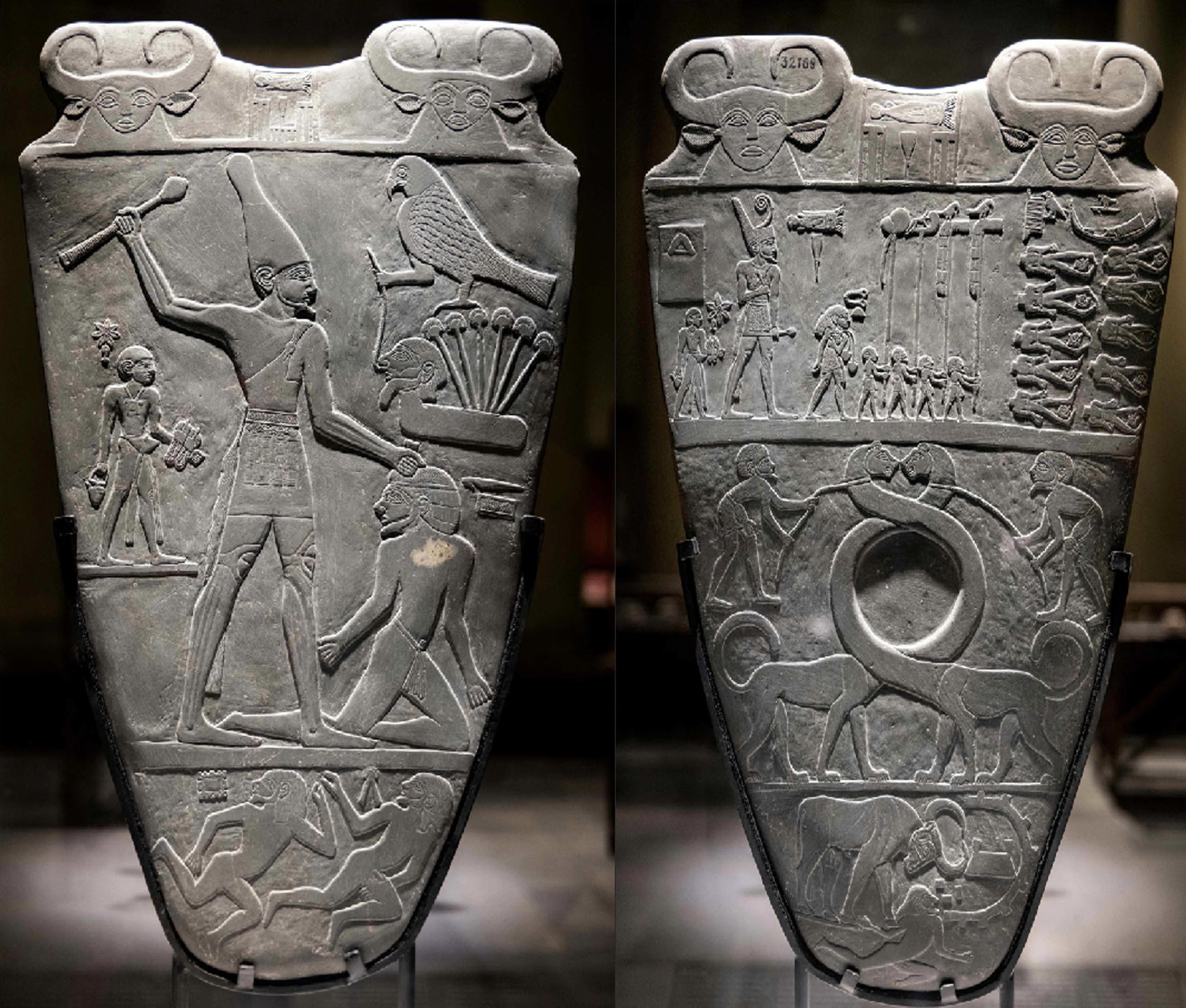 The Narmer Palette is a large, shield-shaped ceremonial stone carved from dark green-grey siltstone, dating to early ancient Egypt. It features low-relief carvings showing King Narmer, divine symbols, and early artistic conventions, including his depiction with both the White and Red Crowns of Upper and Lower Egypt. The palette illustrates royal power, religious symbolism, and the standardized proportions that shaped Egyptian art for millennia.