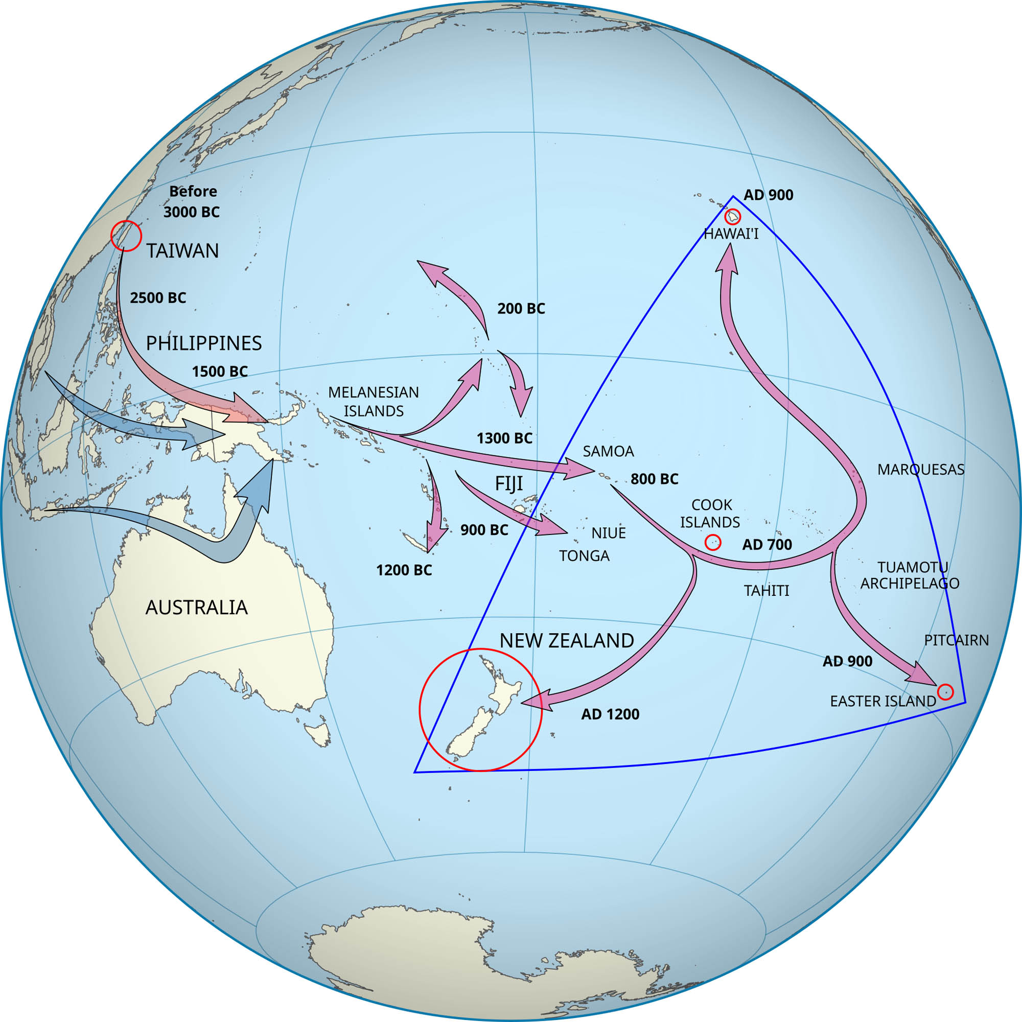 A map showing the migration of people across Oceania. The triangle marks the area of Polynesia.