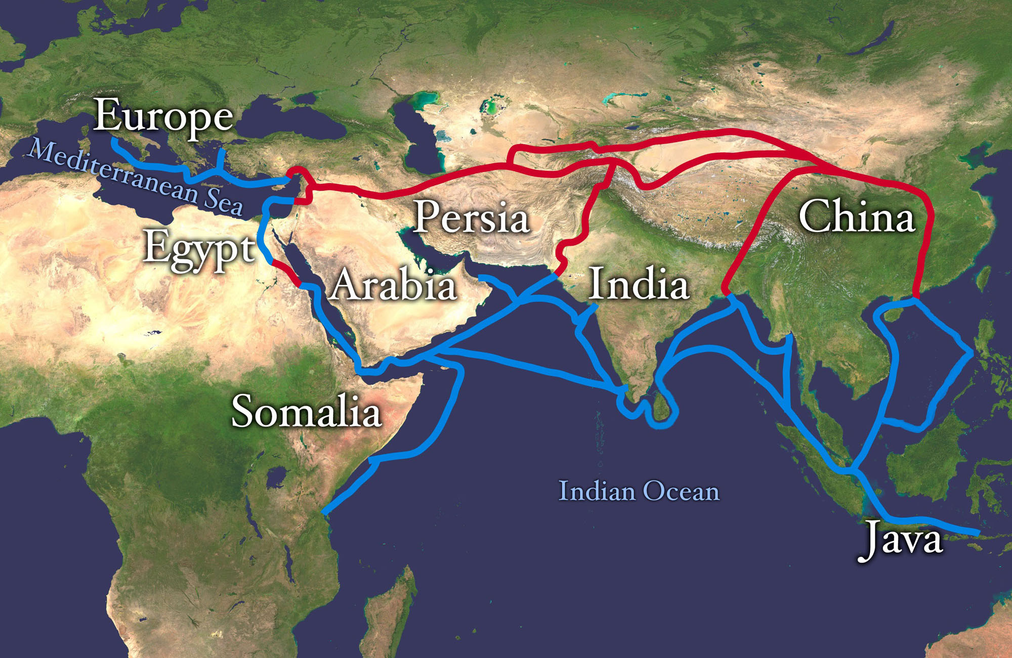 A world map showing the Silk Road trade routes. Red lines trace overland routes connecting China, India, Persia, Arabia, and Europe, while blue lines trace sea routes across the Mediterranean, Indian Ocean, and toward Java and Somalia.
