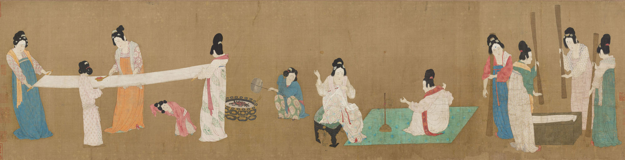 An illustration from Tang Dynasty China showing silk production. Groups of women in long robes work together some stretching silk fabric, others spinning thread, and a few pounding with large wooden tools.