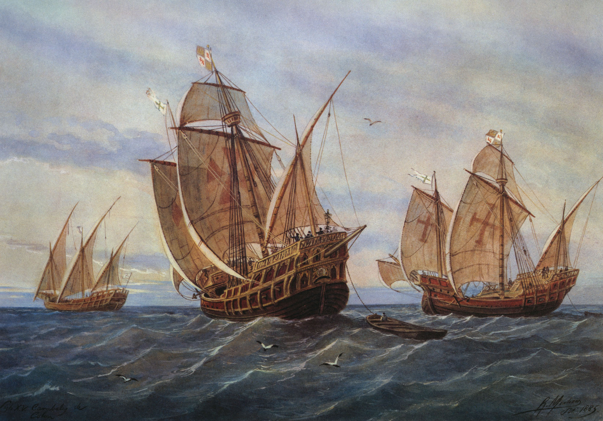 Painting of Christopher Columbus’s ships on the ocean.