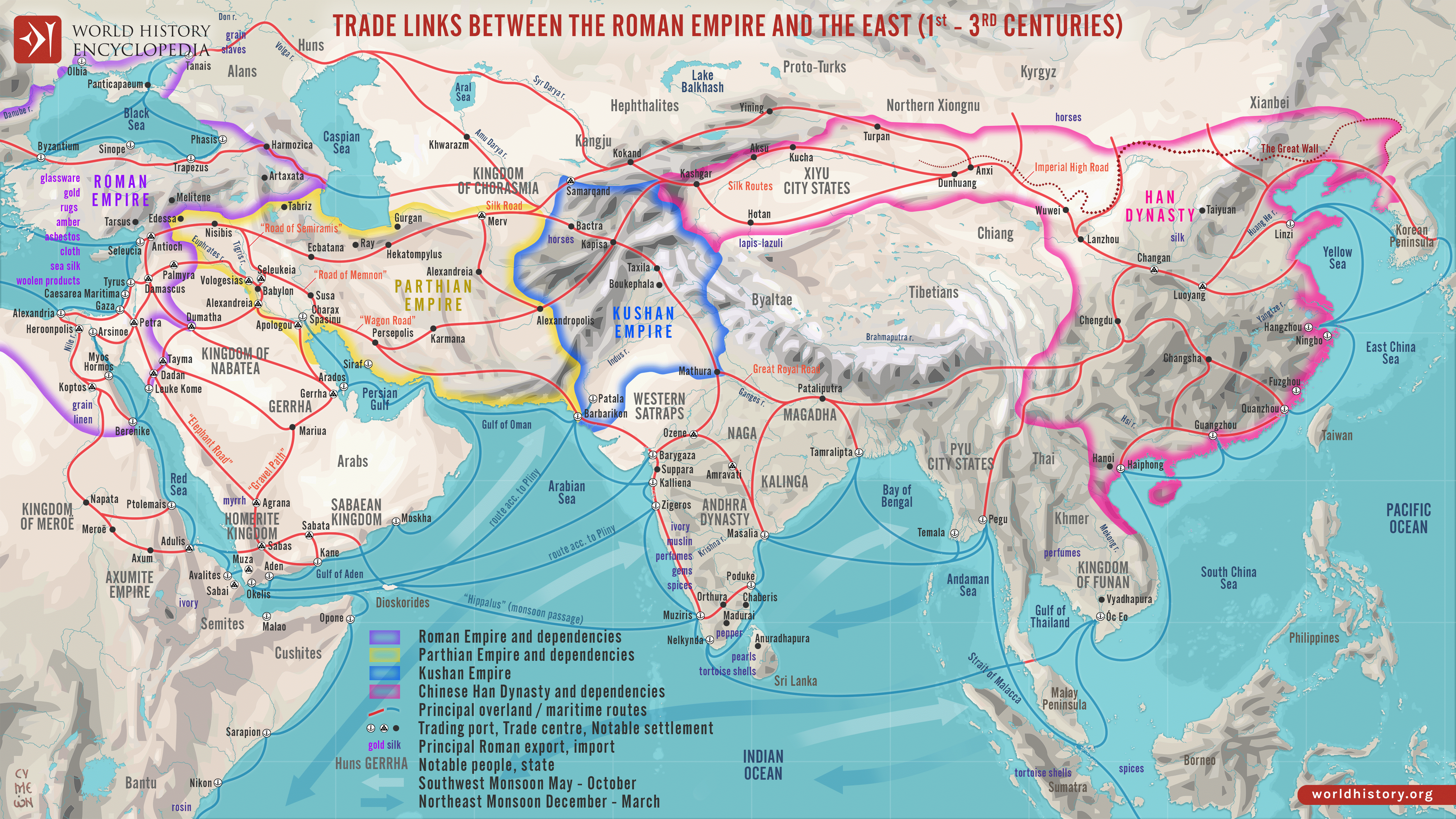 A map of Eurasia showing trade routes of the Silk Road between the 1st and 3rd centuries. The Roman Empire (purple), Parthian Empire (orange), Kushan Empire (blue), and Han Dynasty (pink) are outlined, with red lines marking overland routes and blue lines marking maritime routes across the Mediterranean, Indian Ocean, and South China Sea.