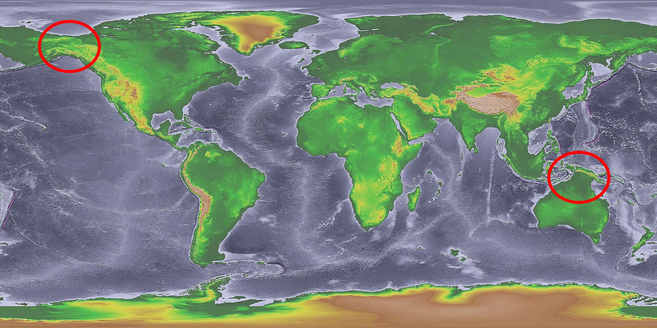 Map of Earth during the last ice age, highlighting land bridges between Asia and North America and between Australia and Southeast Asia due to lower sea levels.