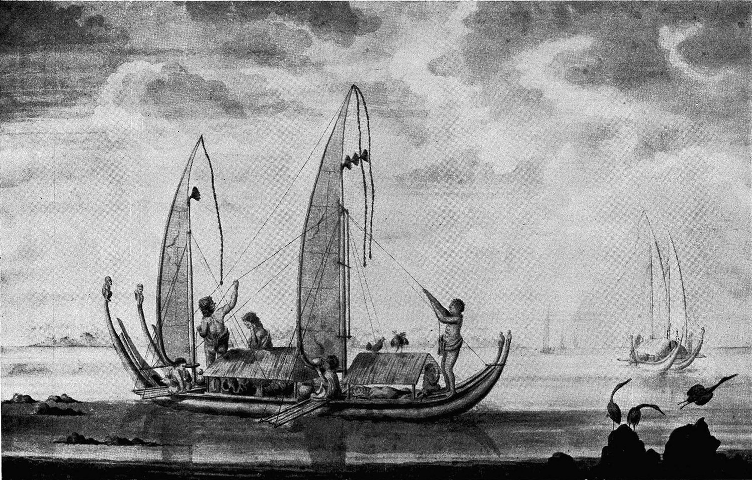 Polynesian double-hulled canoe with sails and six crew members at sea, some paddling and others adjusting ropes under a cloudy sky.