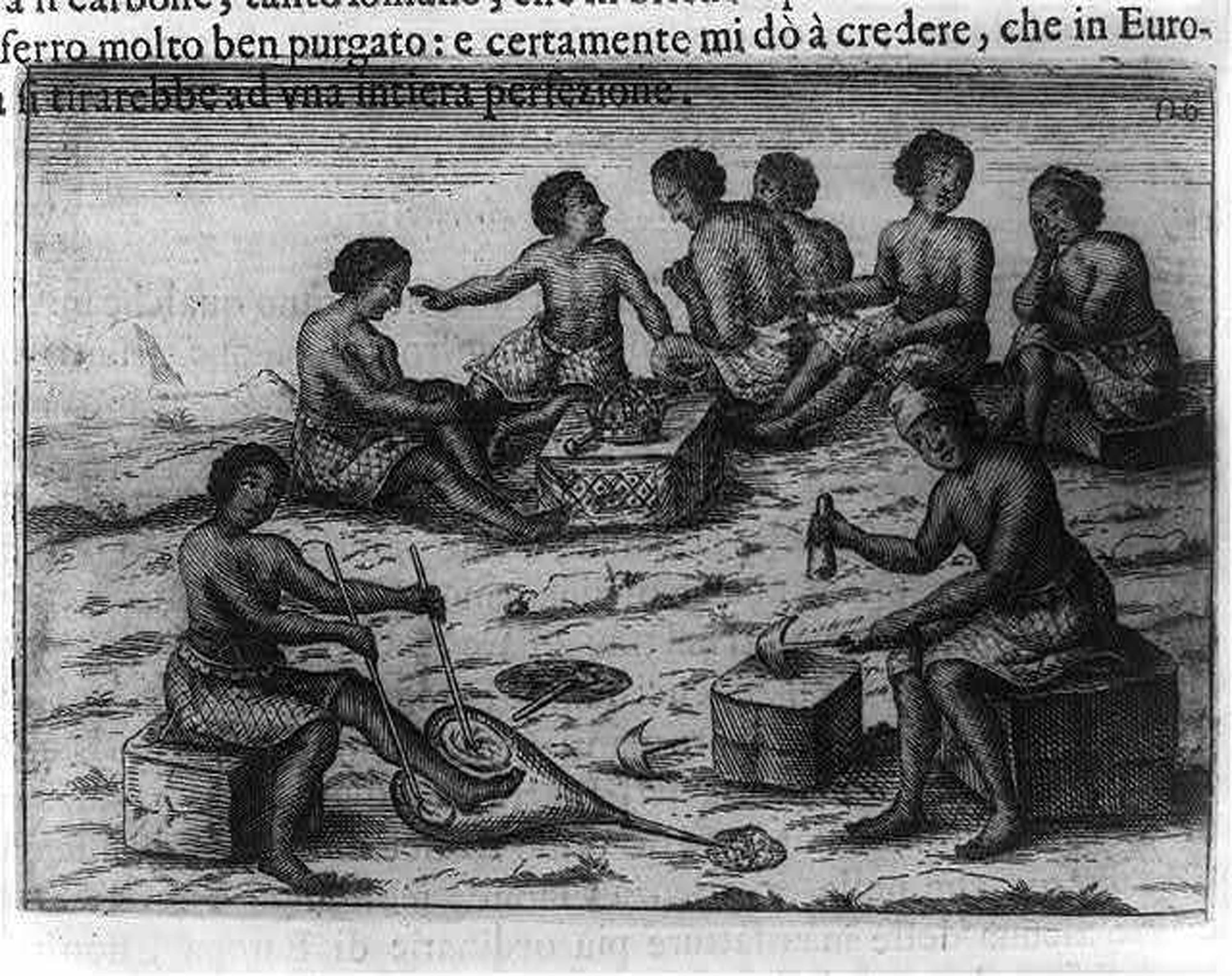 Black and white engraving of Congolese blacksmiths and metalworkers crafting tools in a communal outdoor setting.