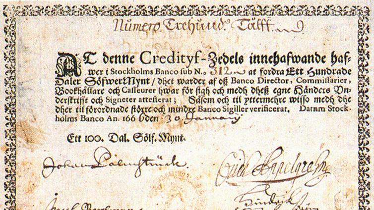 A paper note with writing indicatin it is equivalent to one hundred Daler of Silver Coin to the care of Banco Director, Commissaries, Bookkeepers and Cashiers.