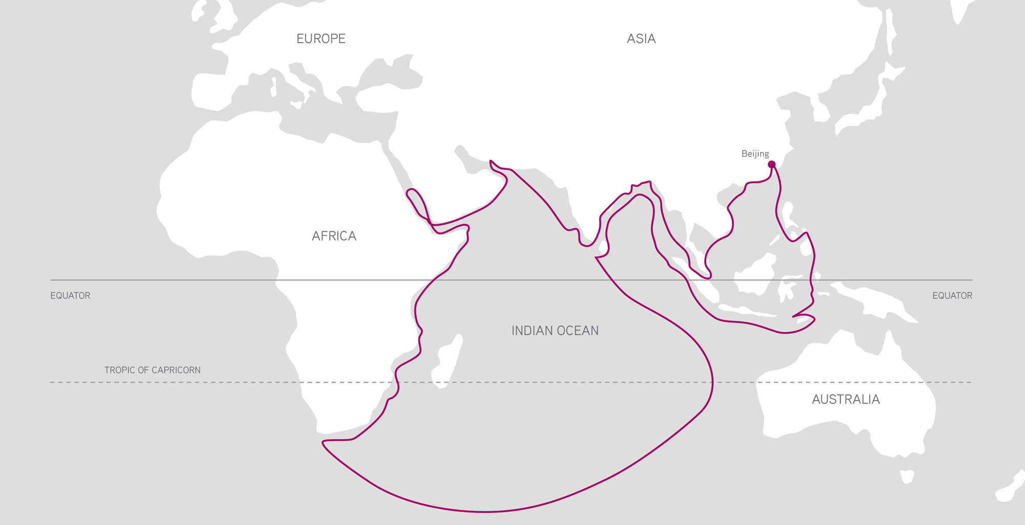 A map of the world with a line tracing the travels of the fifteenth-century Chinese explorer Zheng He.
