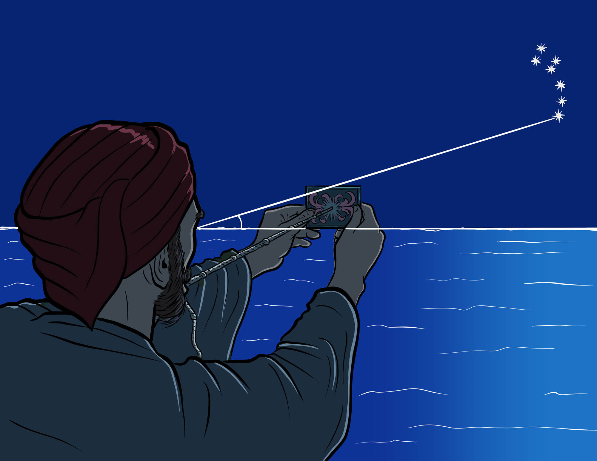 A sailor holds up a kamal to eye level. It is an instrument used to determine latitude at sea. 