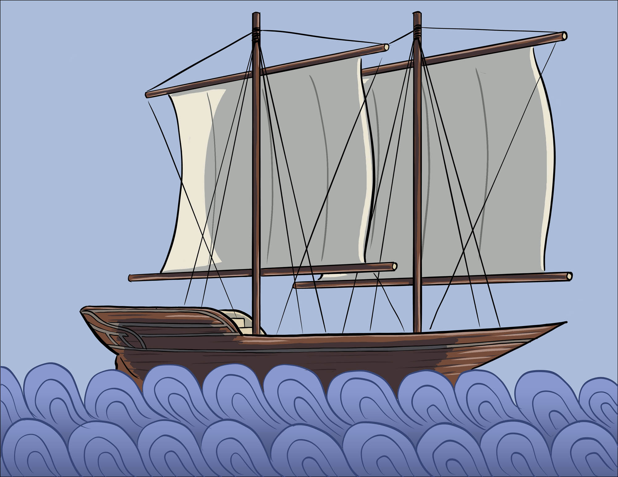A dhow, a type of ship with two masts often used in the Indian Ocean.