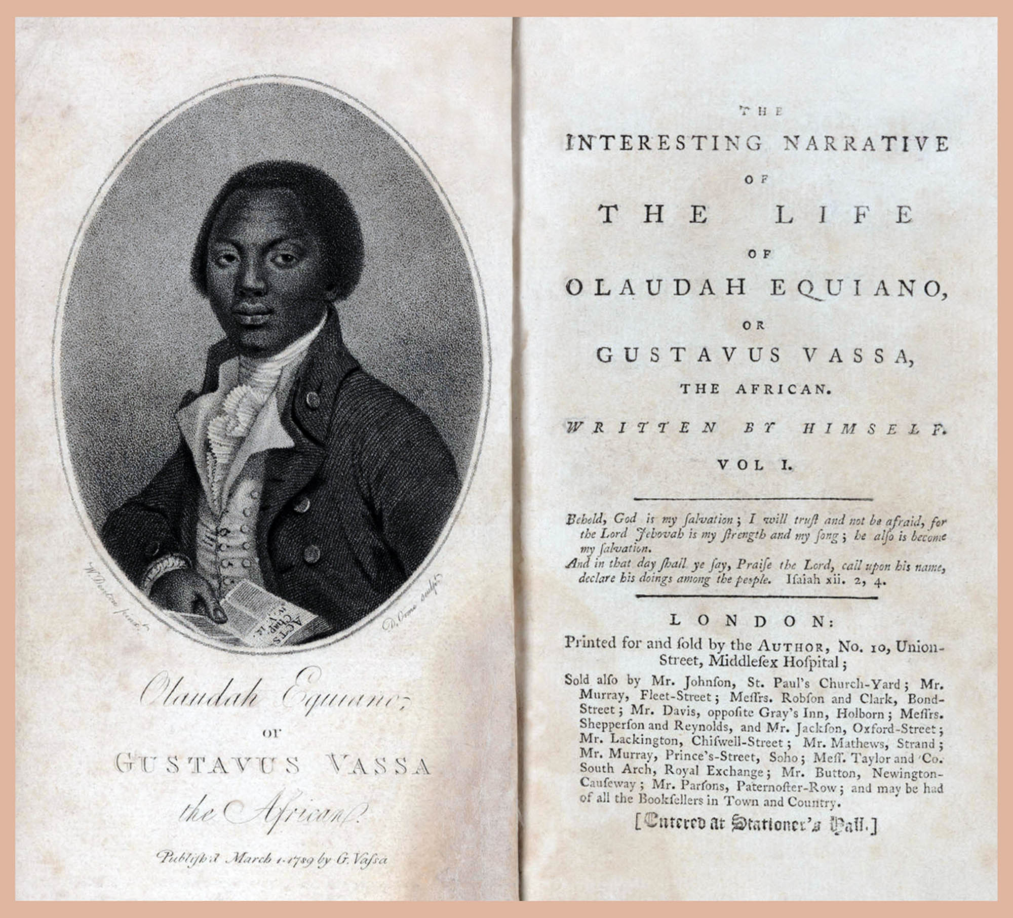 The frontspiece of a book with a portrait of Olaudah Equiano with the title The Interesting Narrative of the Life of Olaudah Equiano, or, Gustavus Vassa, The African, Written by Himself, Volume 1.