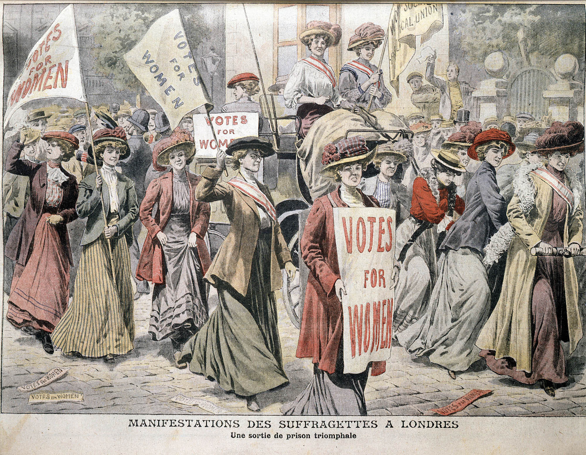 Suffragettes march in protest holding signs that say Votes for Women.