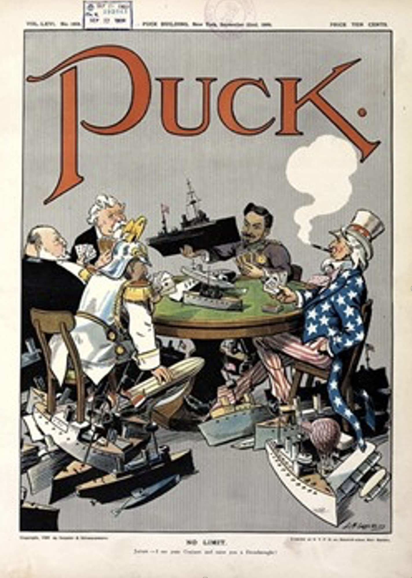 A colorful political cartoon showing world leaders seated around a green poker table, each dressed in national attire and surrounded by large warships, cannons, and soldiers. The title “Puck” appears in bold red letters at the top.