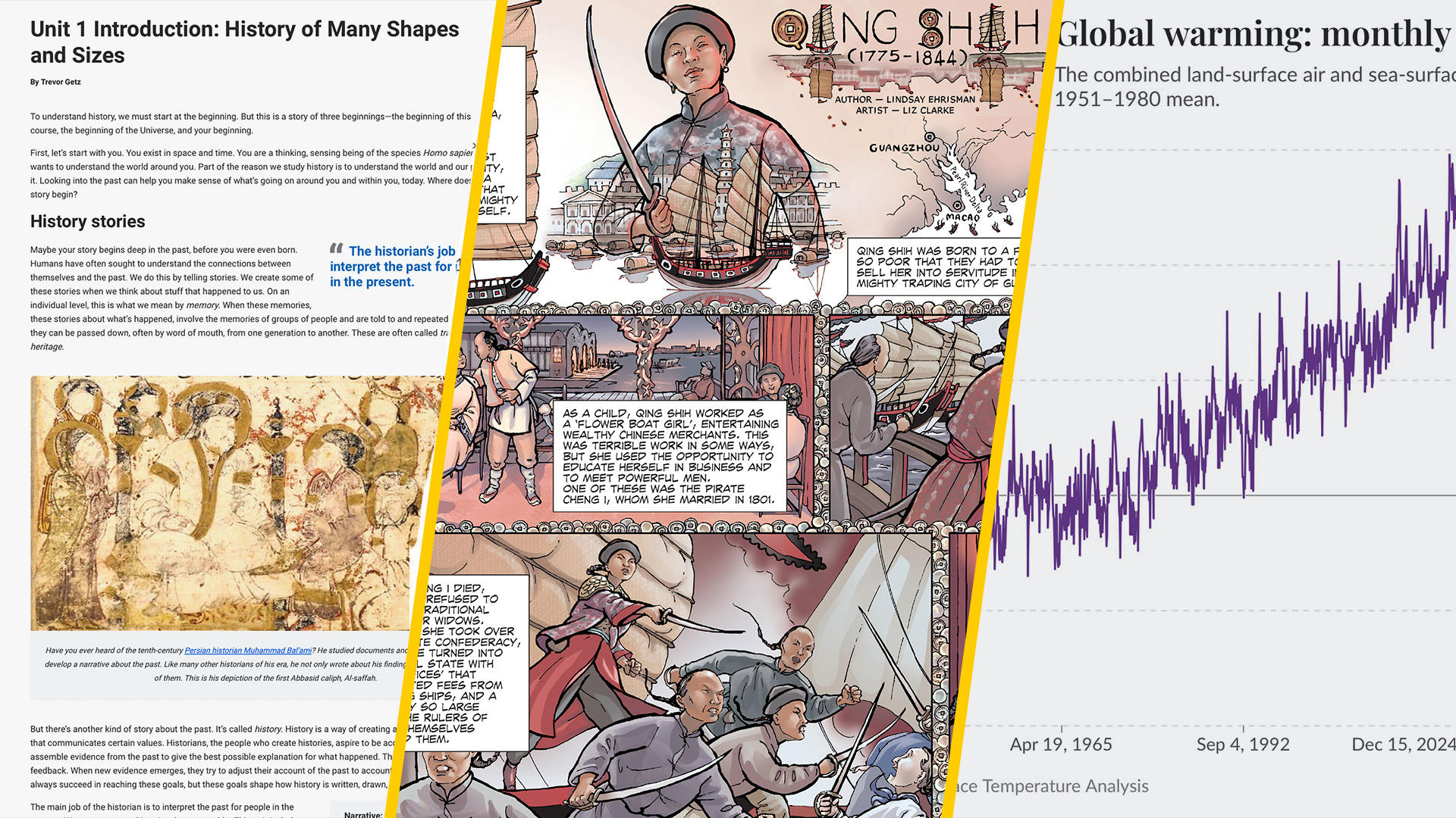 Large image showing a snapshot of an activity worksheet on the three step reads method, a snippet of a comic book page featuring a Chinese woman holding a sword, and a snippet of a chart with the line trending upward.