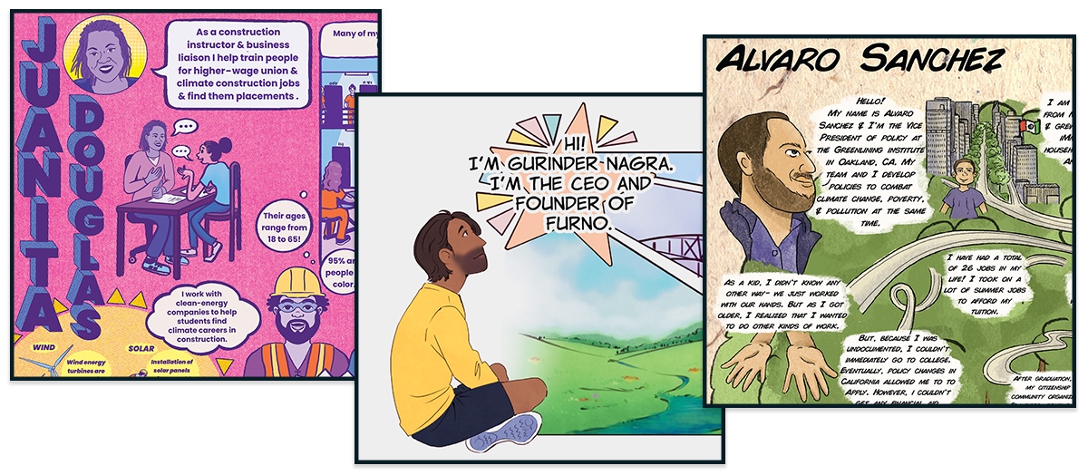 Details from a selection of Climate Project graphic biographies: Juanita Douglas, Gurinder Nagra, and Alvaro Sanchez.