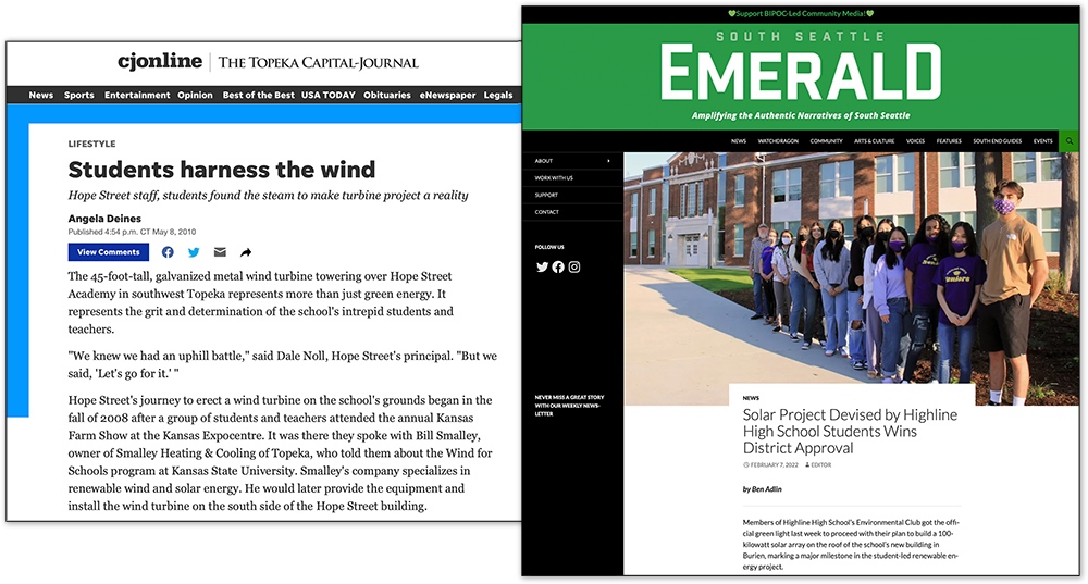 Examples of student climate project success stories from cjonline and South Seattle Emerald. 