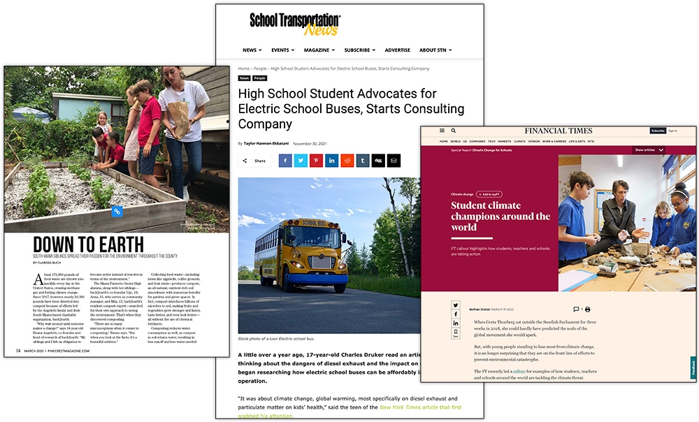 More examples of student climate project success stories from Pinecrest Magazine, School Transportation News, and Financial Times.