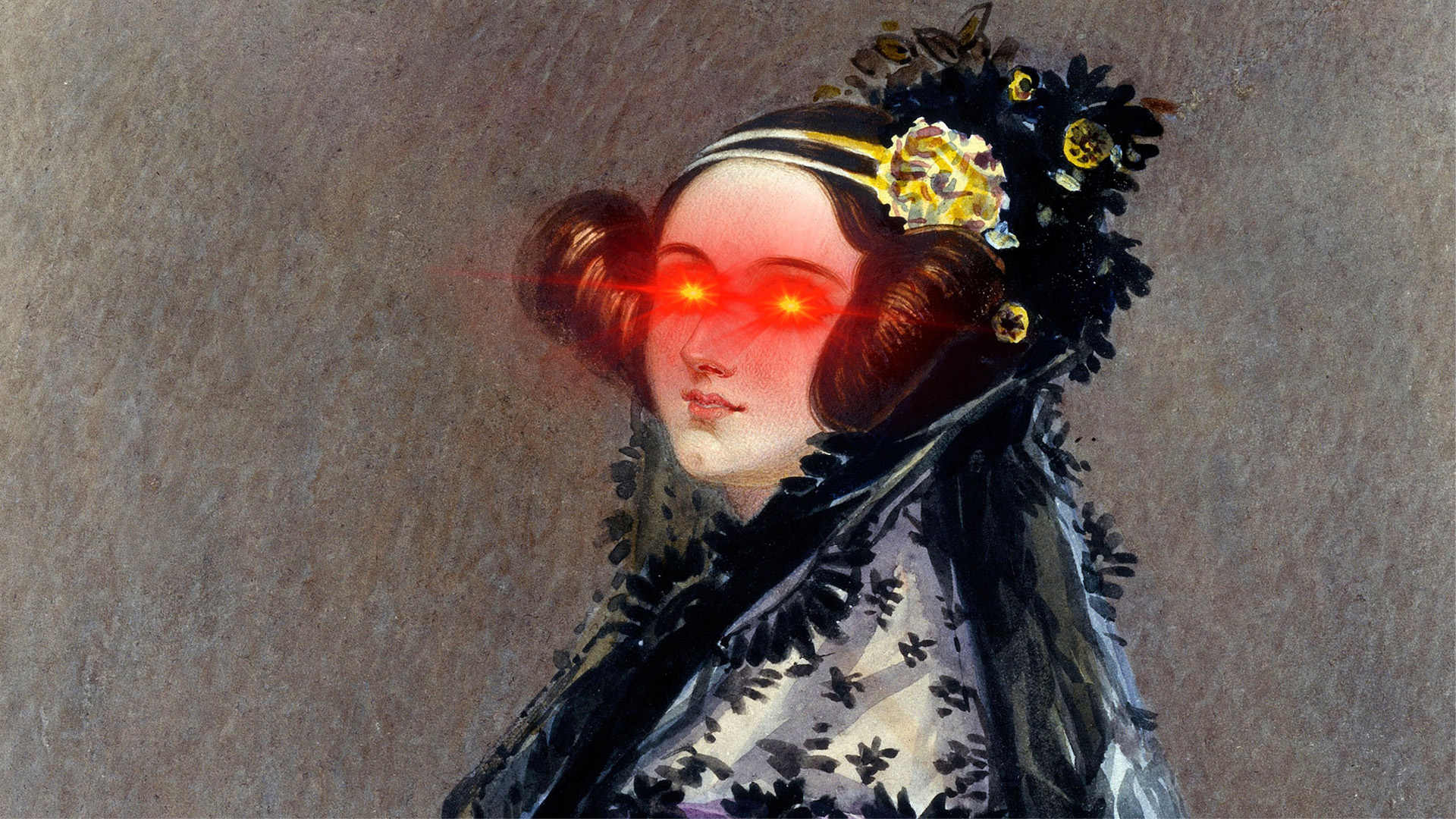 A historical painting of a woman with glowing robot eyes.