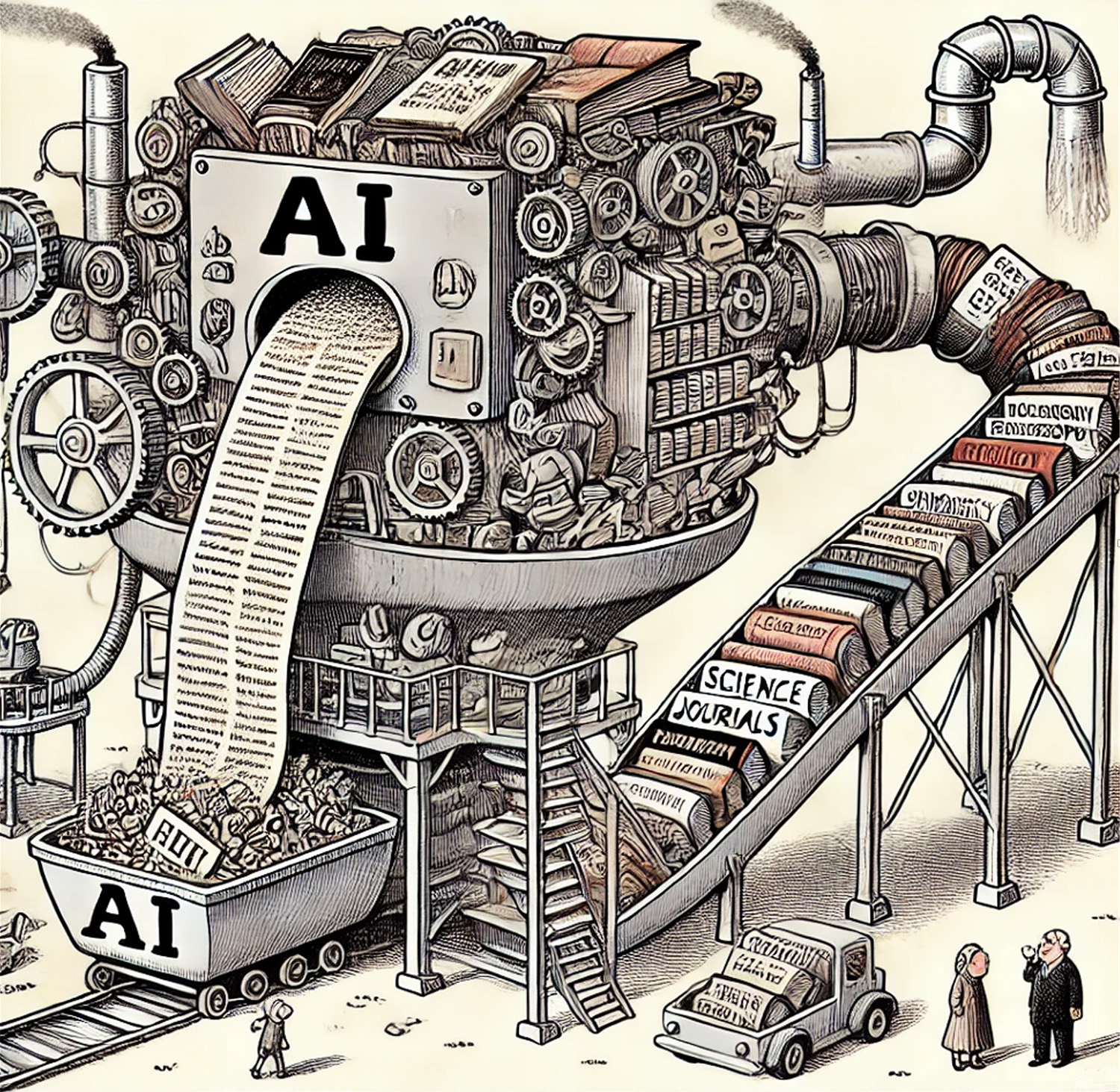 An AI-generated image of traditional books being fed into a cartoon machine labelled "AI" that generates a long ream of paper.