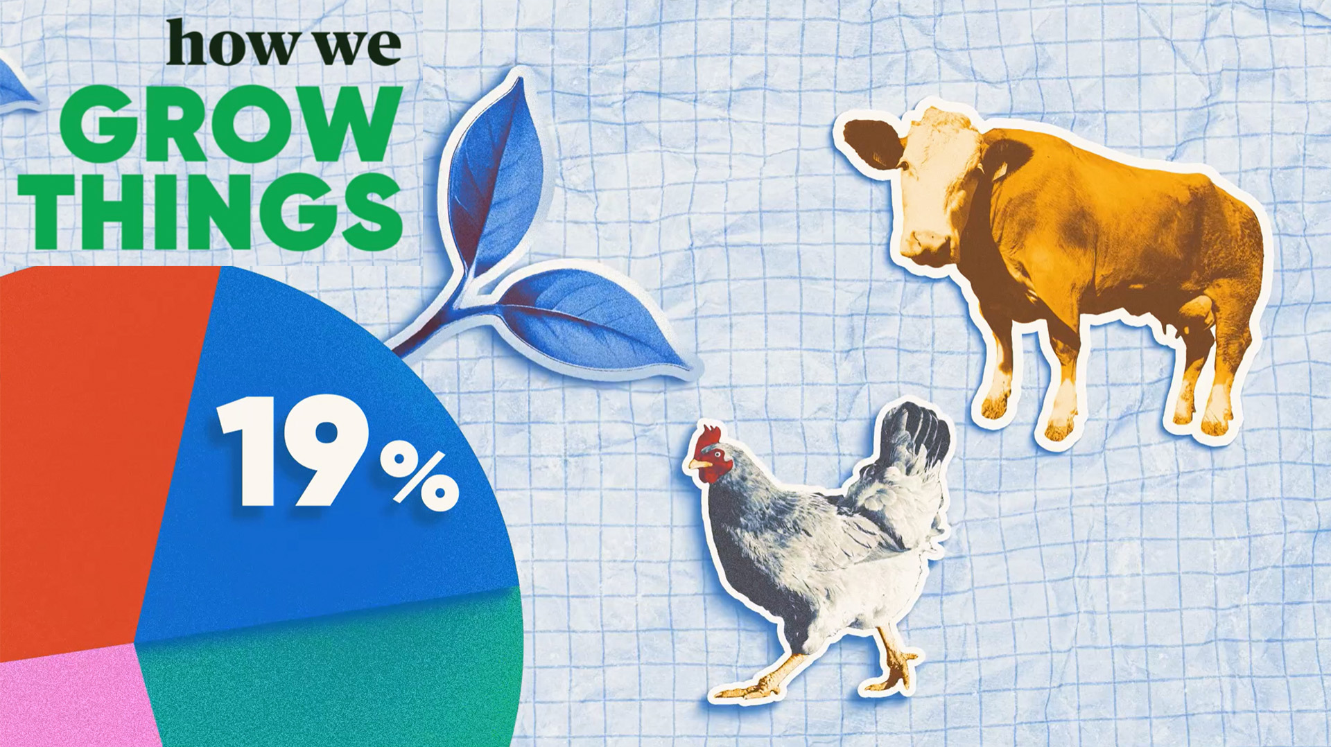 A pie chart marked HOW WE GROW THINGS with a picture of a cow and a chicken next to it.